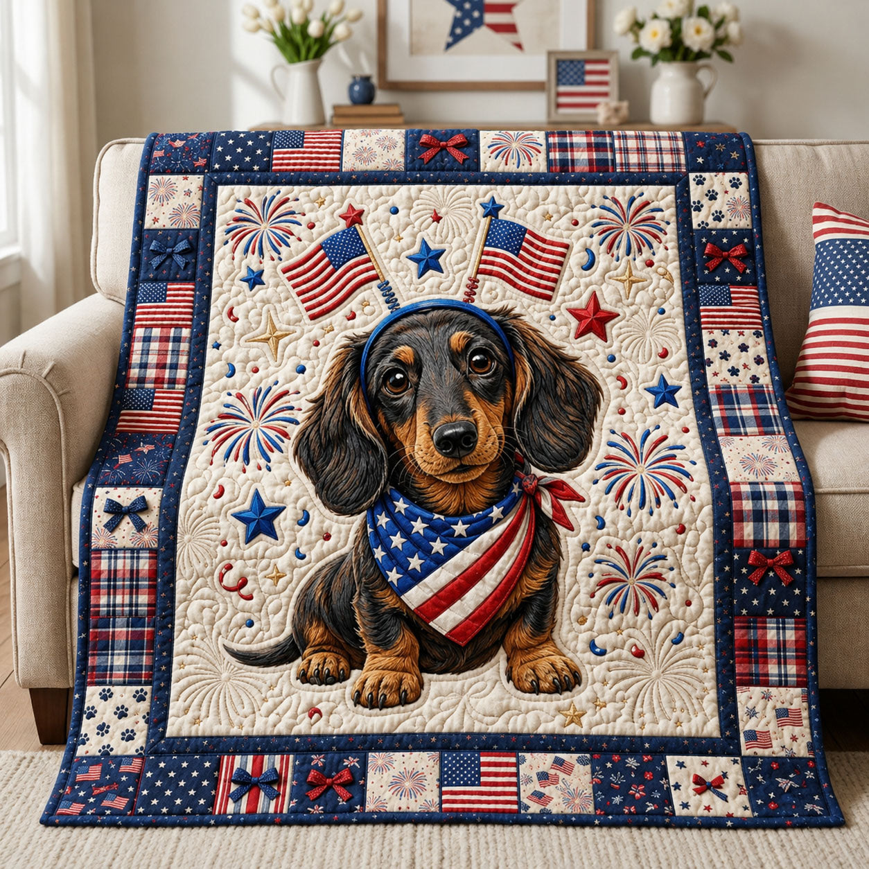 Dachshund Patriotic Quilted Blanket GFTOPND958