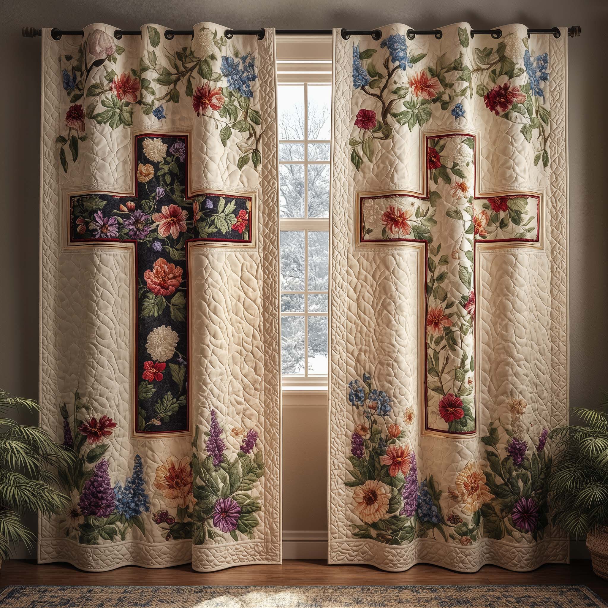Floral Cross Quilted Curtains GFTOQM2252
