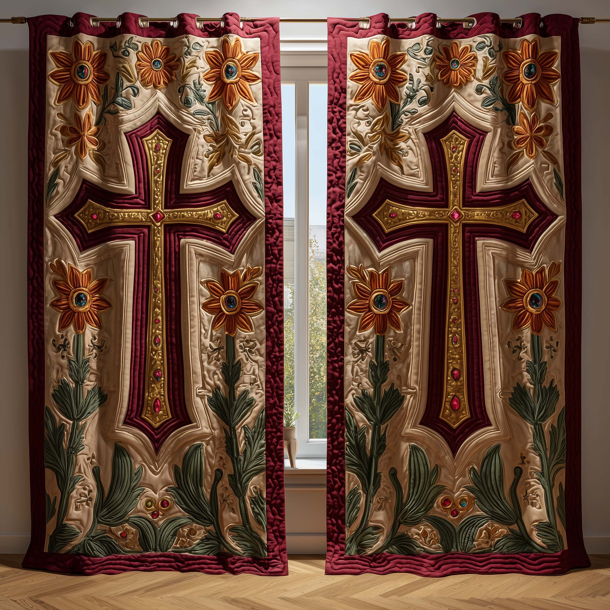 Crimson Cross Quilted Curtains GFTOQM2255