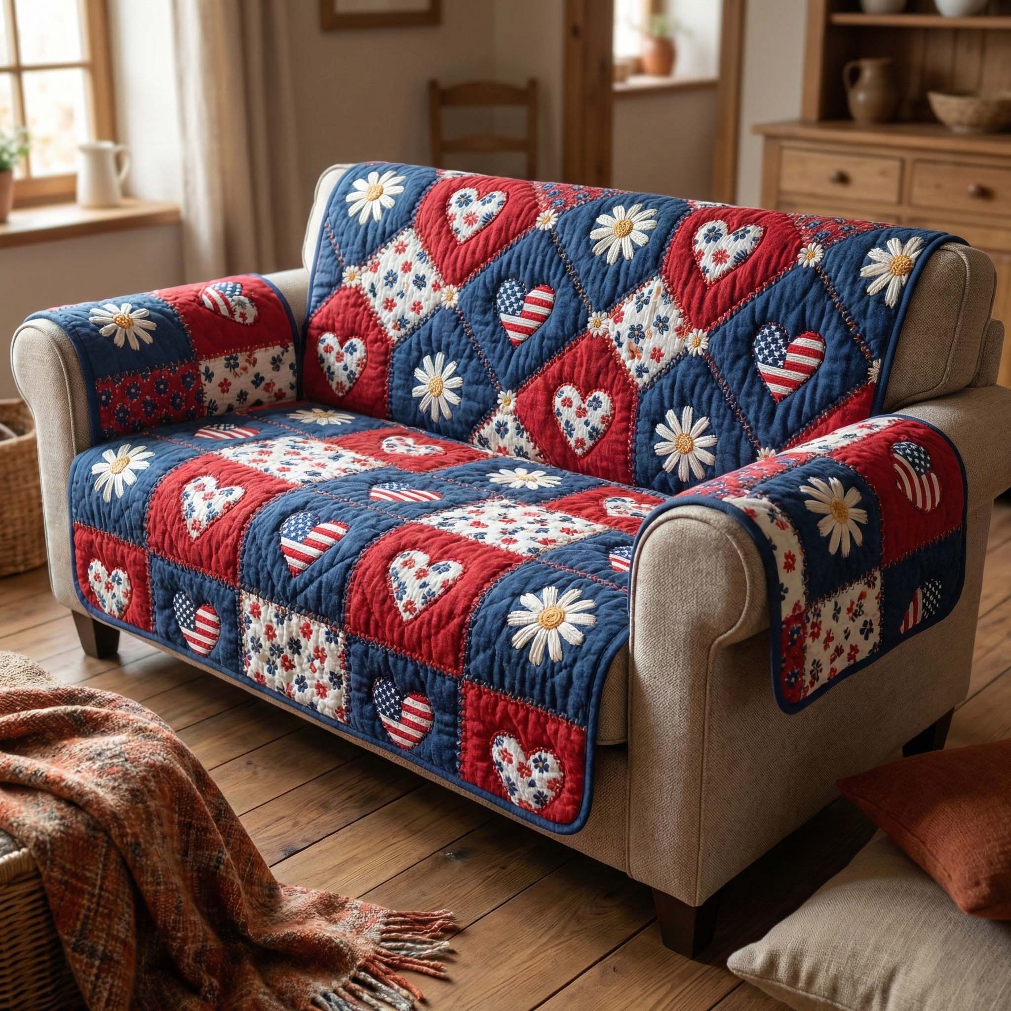 Americana Hearts Quilted Sofa Cover GFTOQM2885