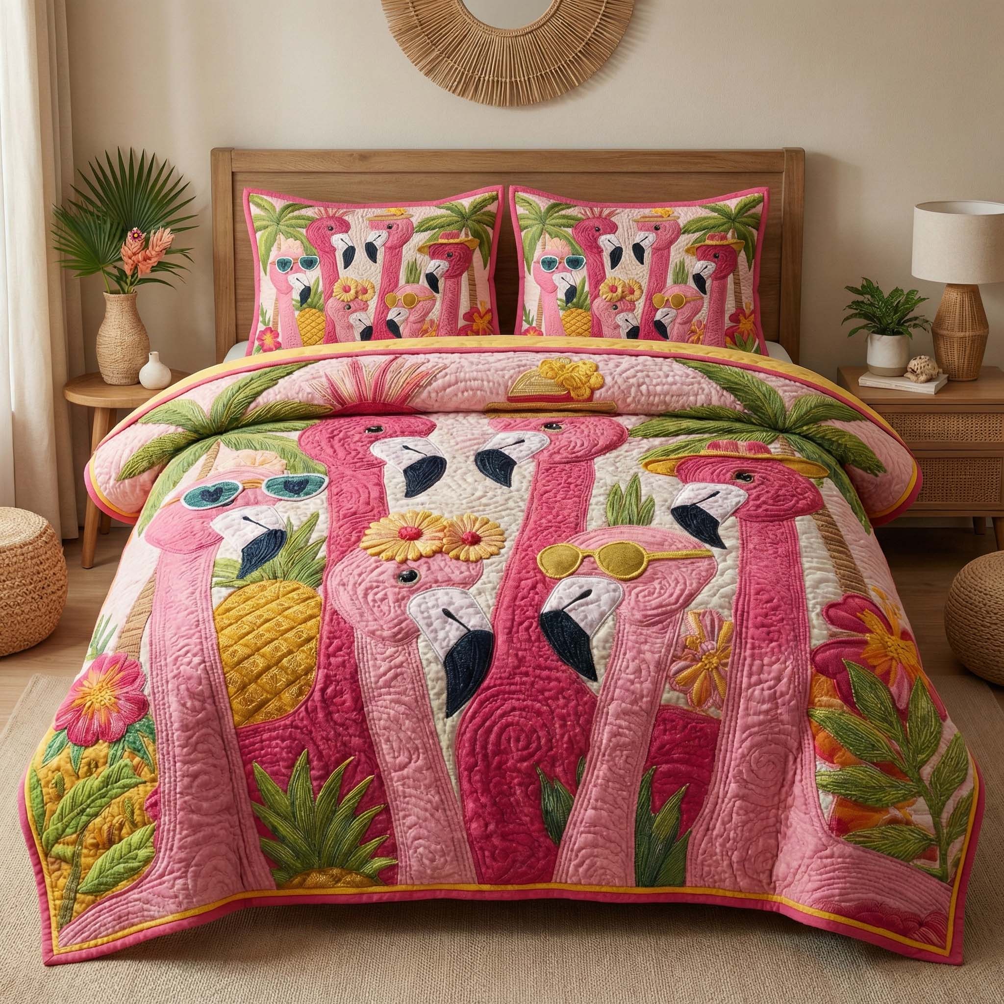 Tropical Flamingos 3-Piece Quilted Bedding Set GFTOQM2945