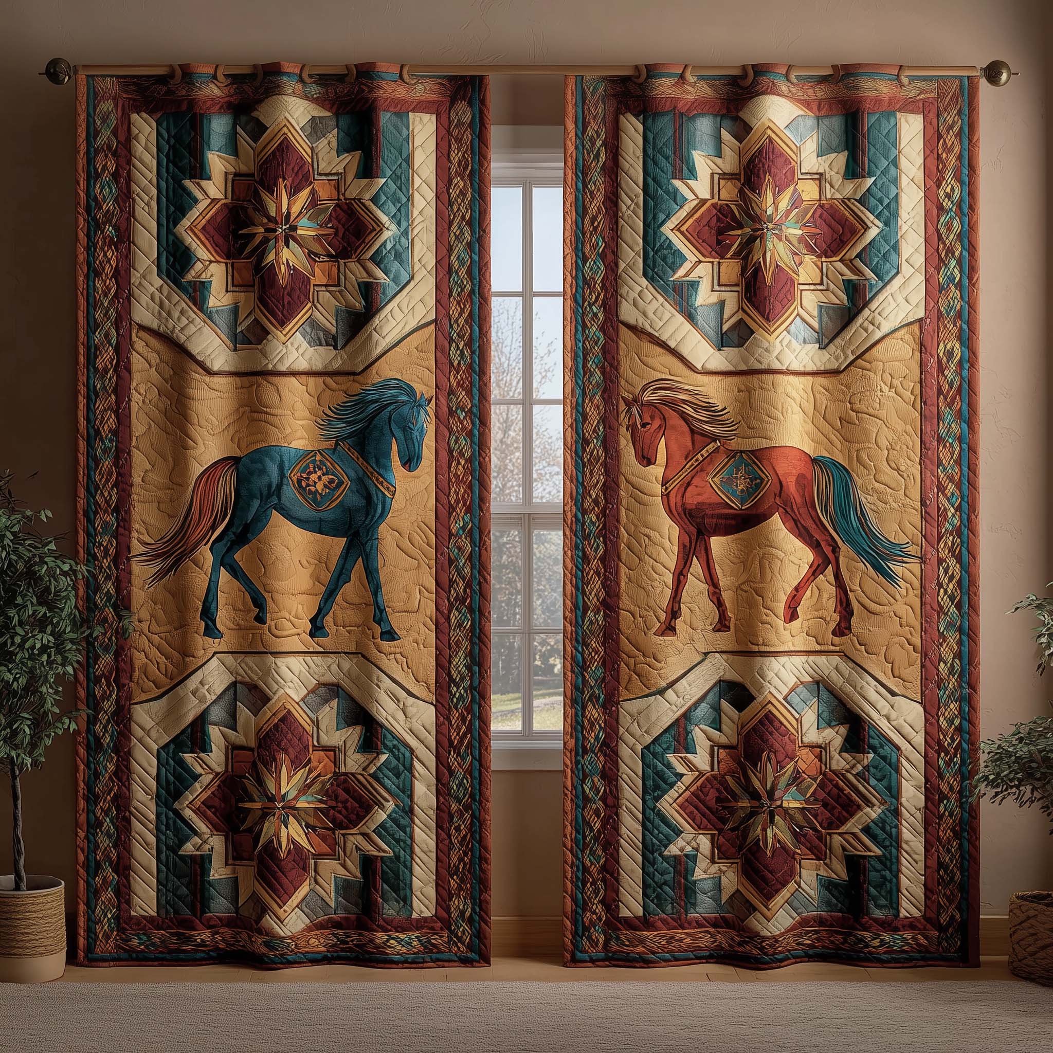 Tribal Horses Quilted Curtains GFTOQM2999