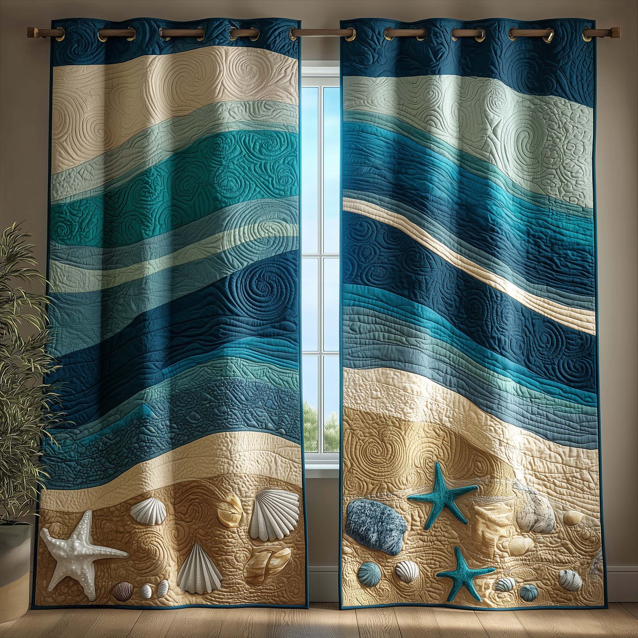 Seashell Waves Quilted Curtains GFTOQM3056