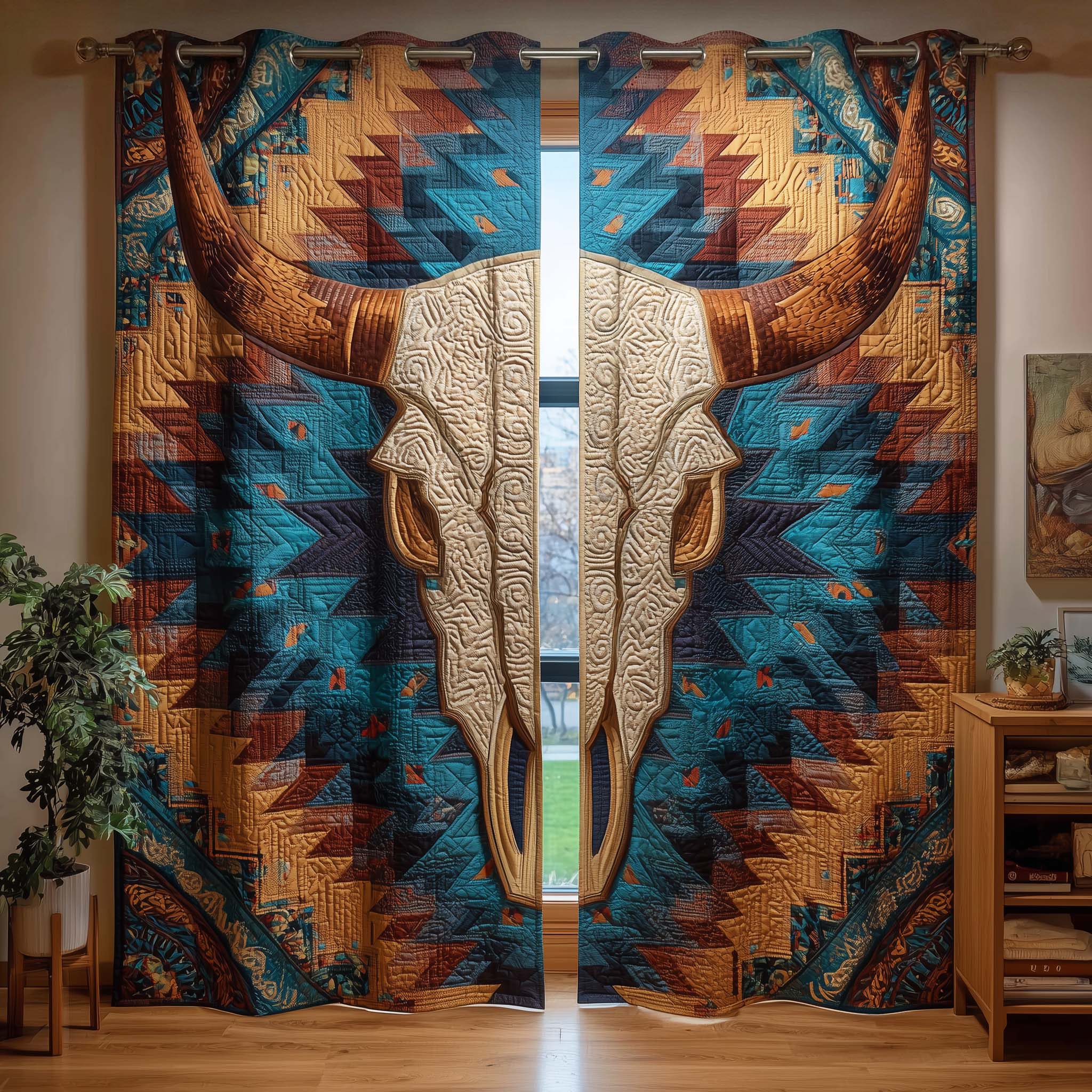 Turquoise Tribal Quilted Curtains GFTOQM3249