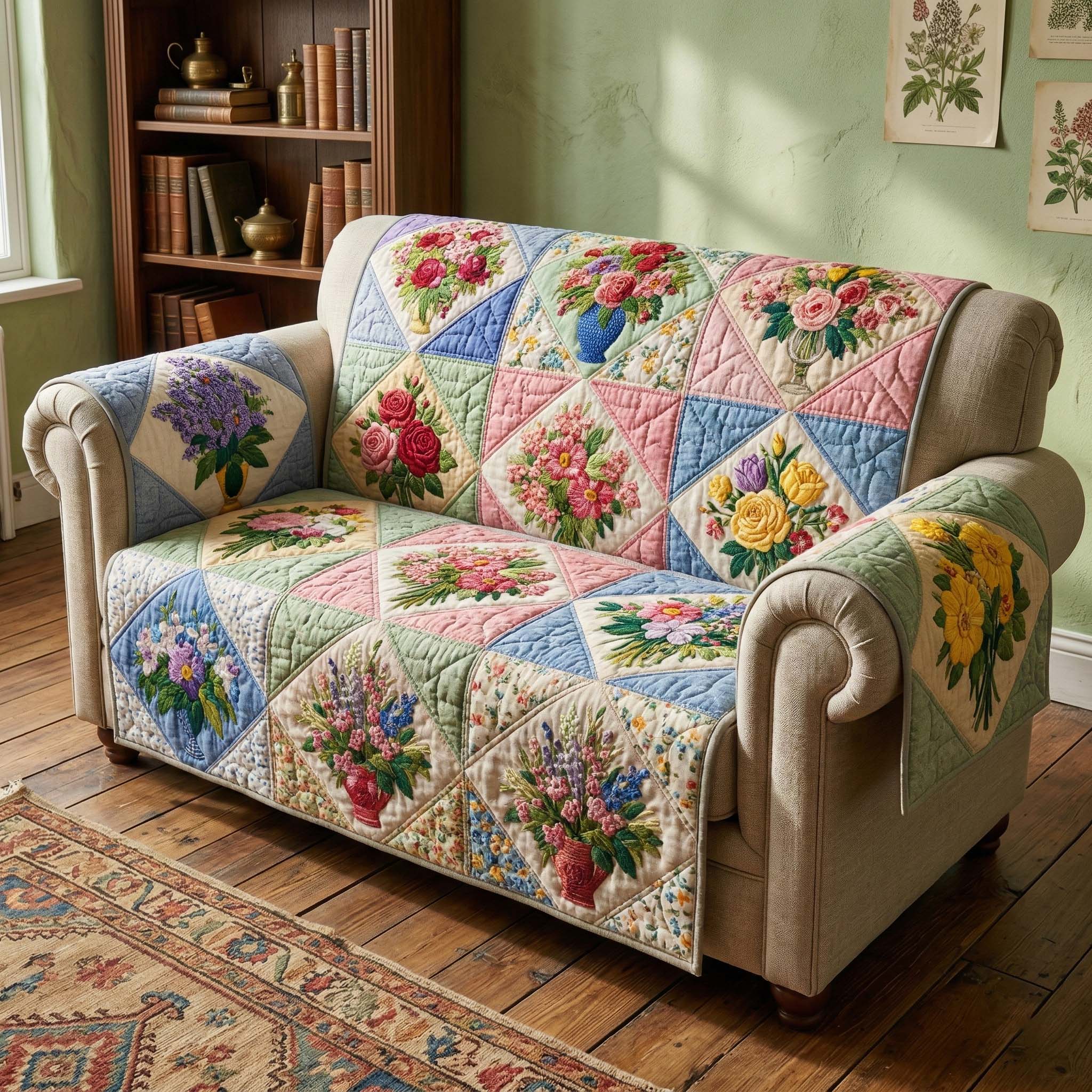 Floral Patchwork Quilted Sofa Cover GFTOQM3387