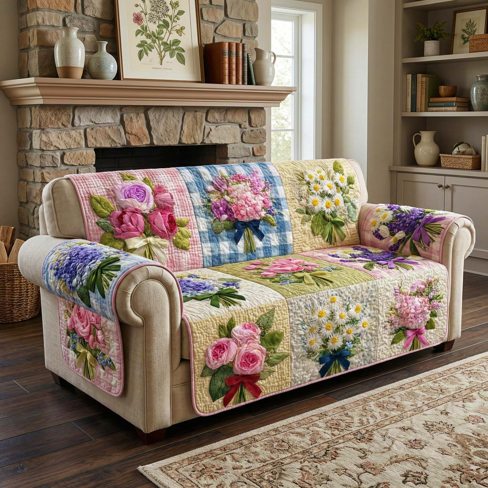 Ribbon Bouquet Quilted Sofa Cover GFTOQM3388