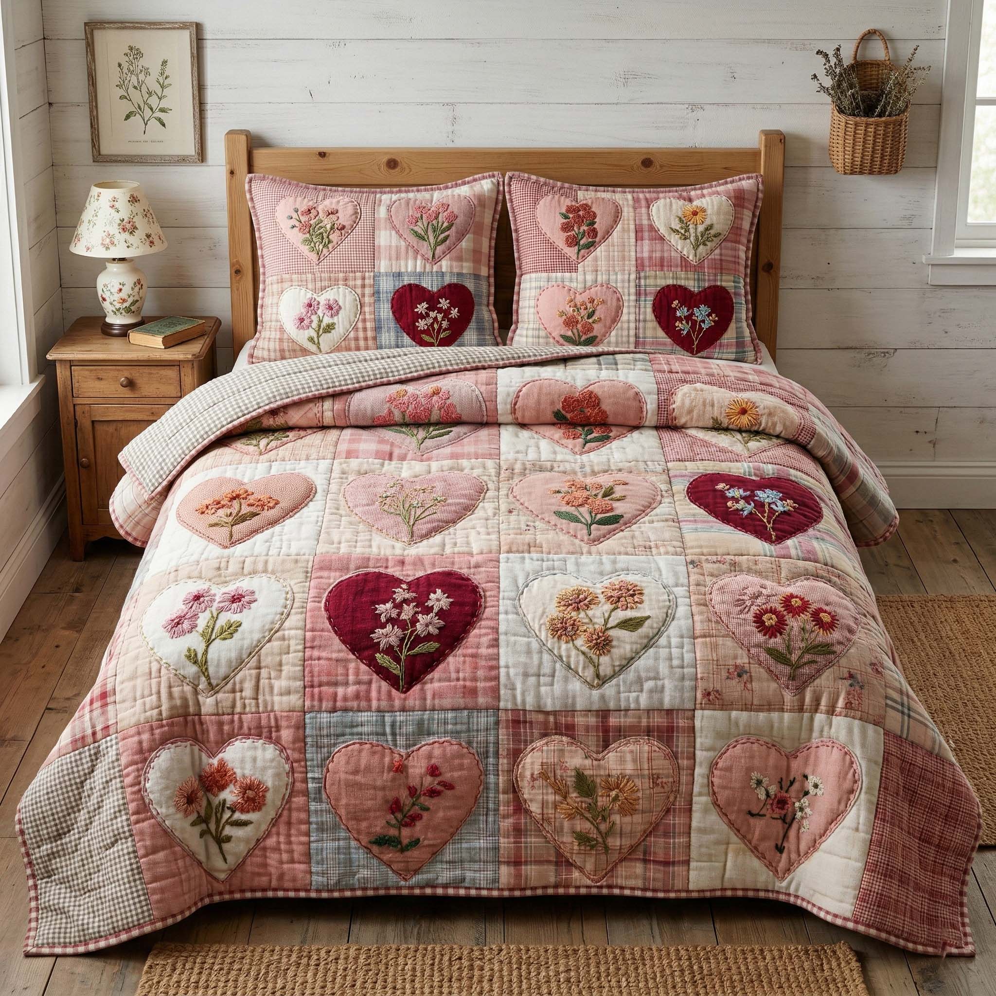 Floral Hearts 3-Piece Quilted Bedding Set GFTOQM3476