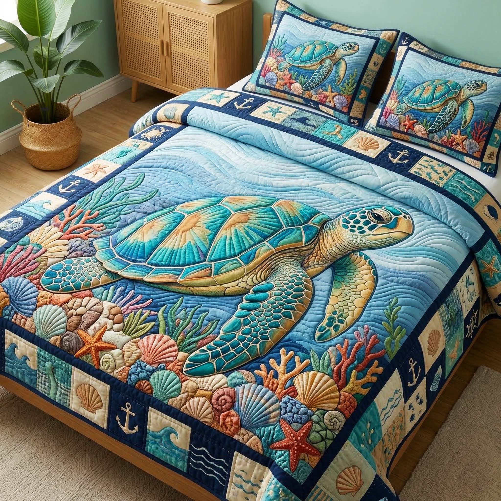Ocean Turtle 3-Piece Quilted Bedding Set GFTOQM3708