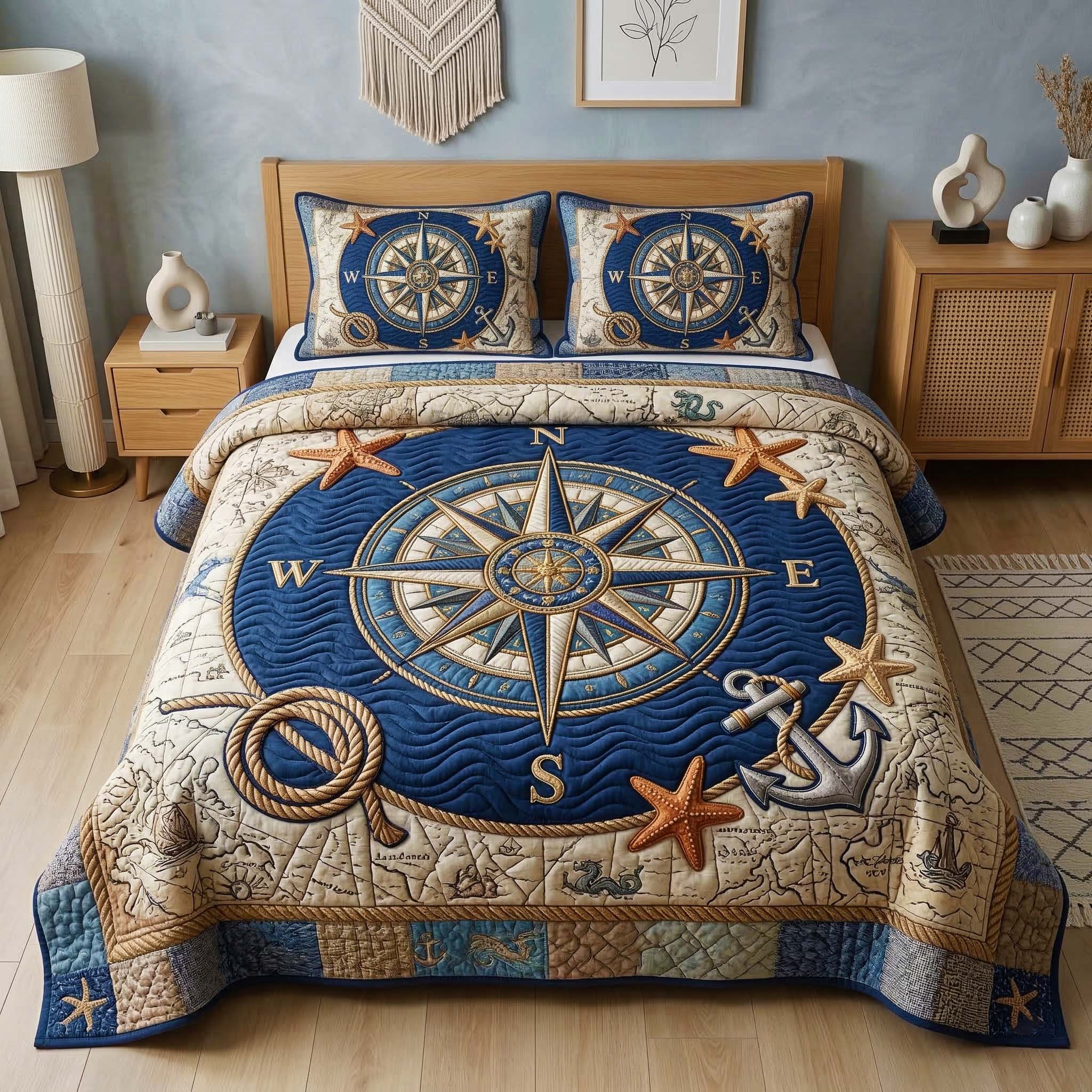 Nautical Compass 3-Piece Quilted Bedding Set GFTOQM3710