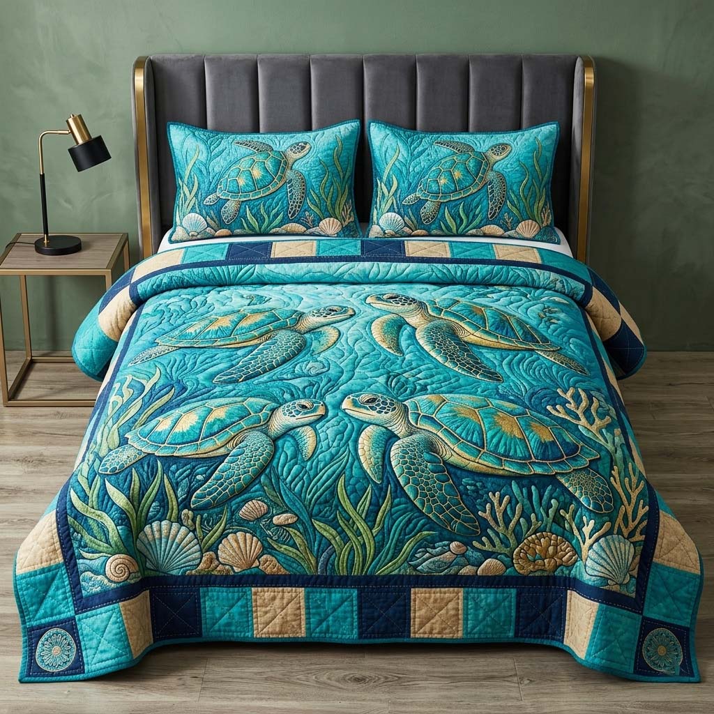 Turtle Garden 3-Piece Quilted Bedding Set GFTOQM3713