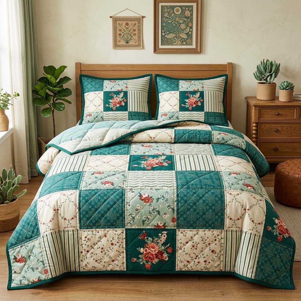 Teal Blooms 3-Piece Quilted Bedding Set GFTOQM3735