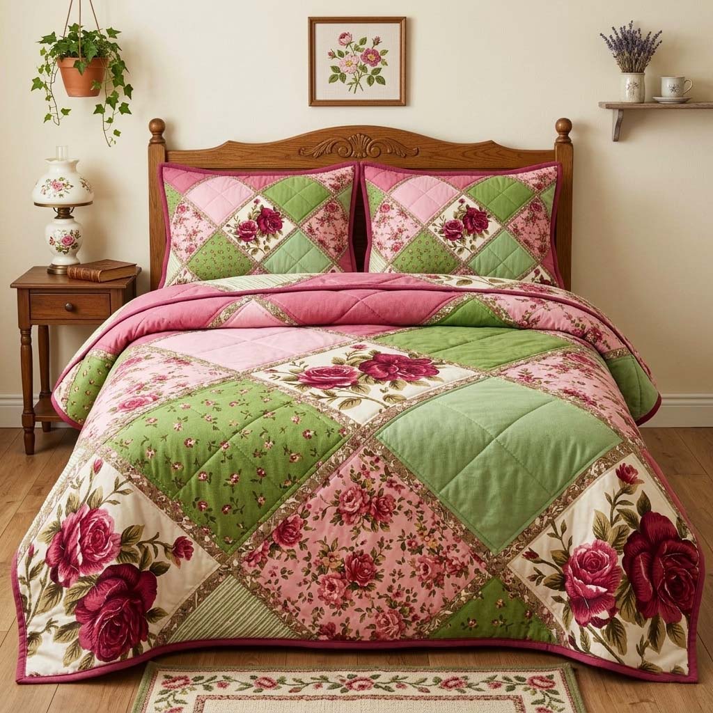 Rose Patchwork 3-Piece Quilted Bedding Set GFTOQM3736