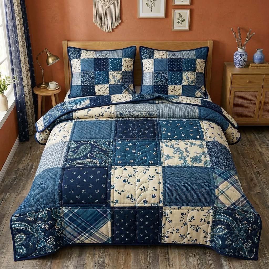 Indigo Patchwork 3-Piece Quilted Bedding Set GFTOQM3737