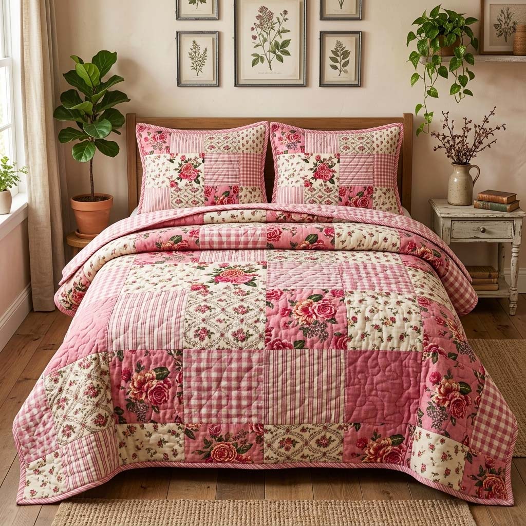 Blush Patchwork 3-Piece Quilted Bedding Set GFTOQM3740