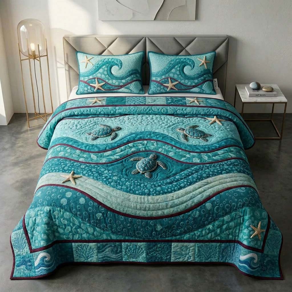 Teal Turtle 3-Piece Quilted Bedding Set GFTOQM3786