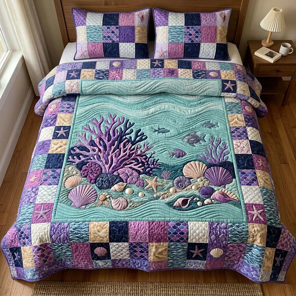 Purple Coral 3-Piece Quilted Bedding Set GFTOQM3790