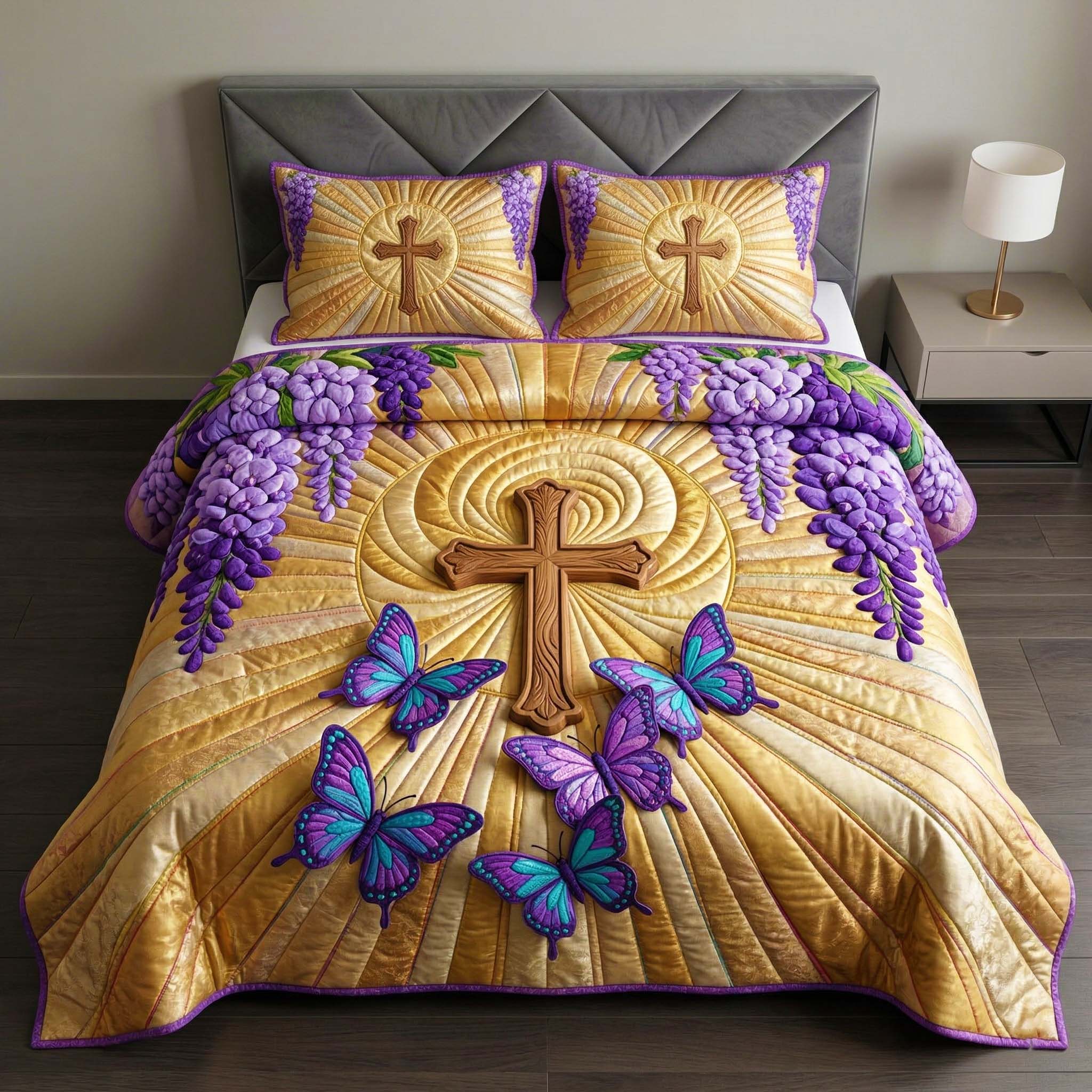Cross Butterflies 3-Piece Quilted Bedding Set GFTOQM3811