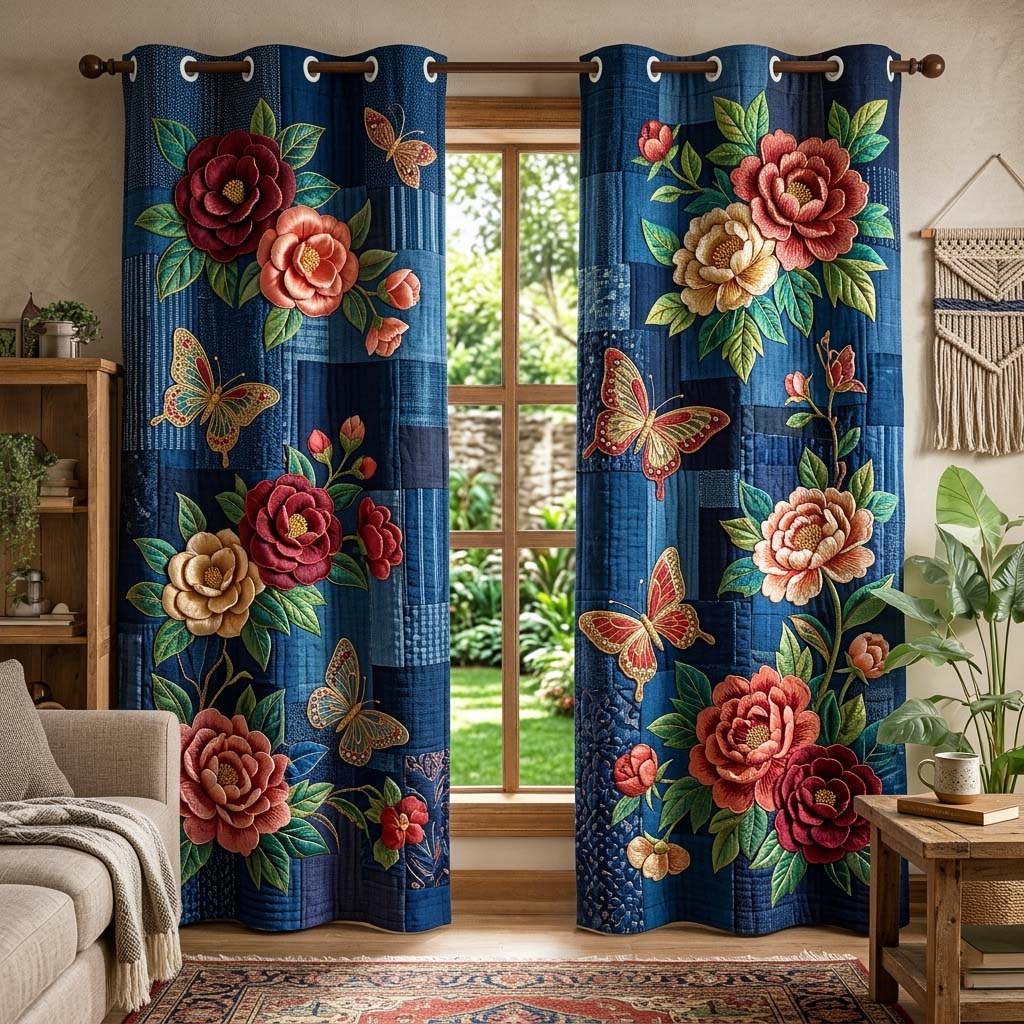 Denim Floral Quilted Curtains GFTOQM3856