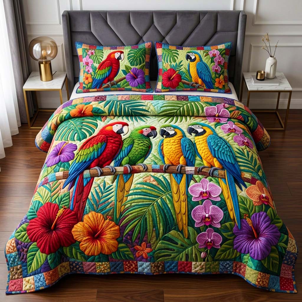 Parrot Gathering 3-Piece Quilted Bedding Set GFTOQM3863