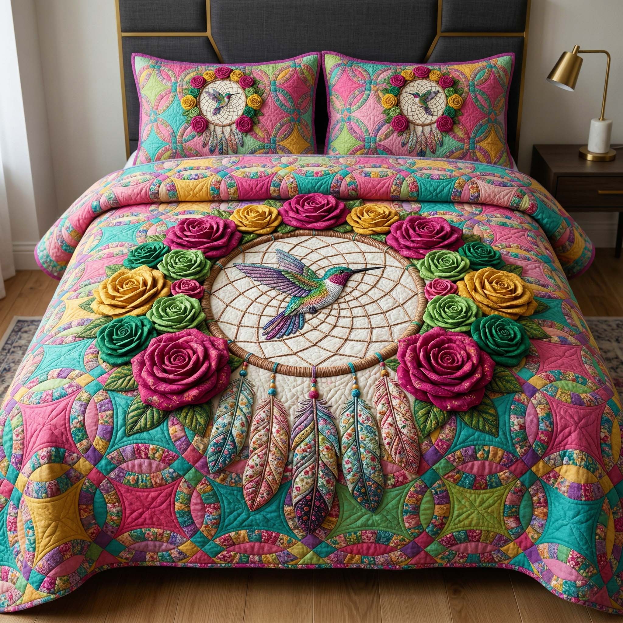 Hummingbird Bloom 3-Piece Quilted Bedding Set GFTOQM3897
