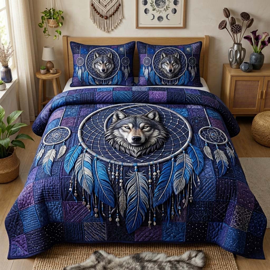 Midnight Wolf 3-Piece Quilted Bedding Set GFTOQM3898