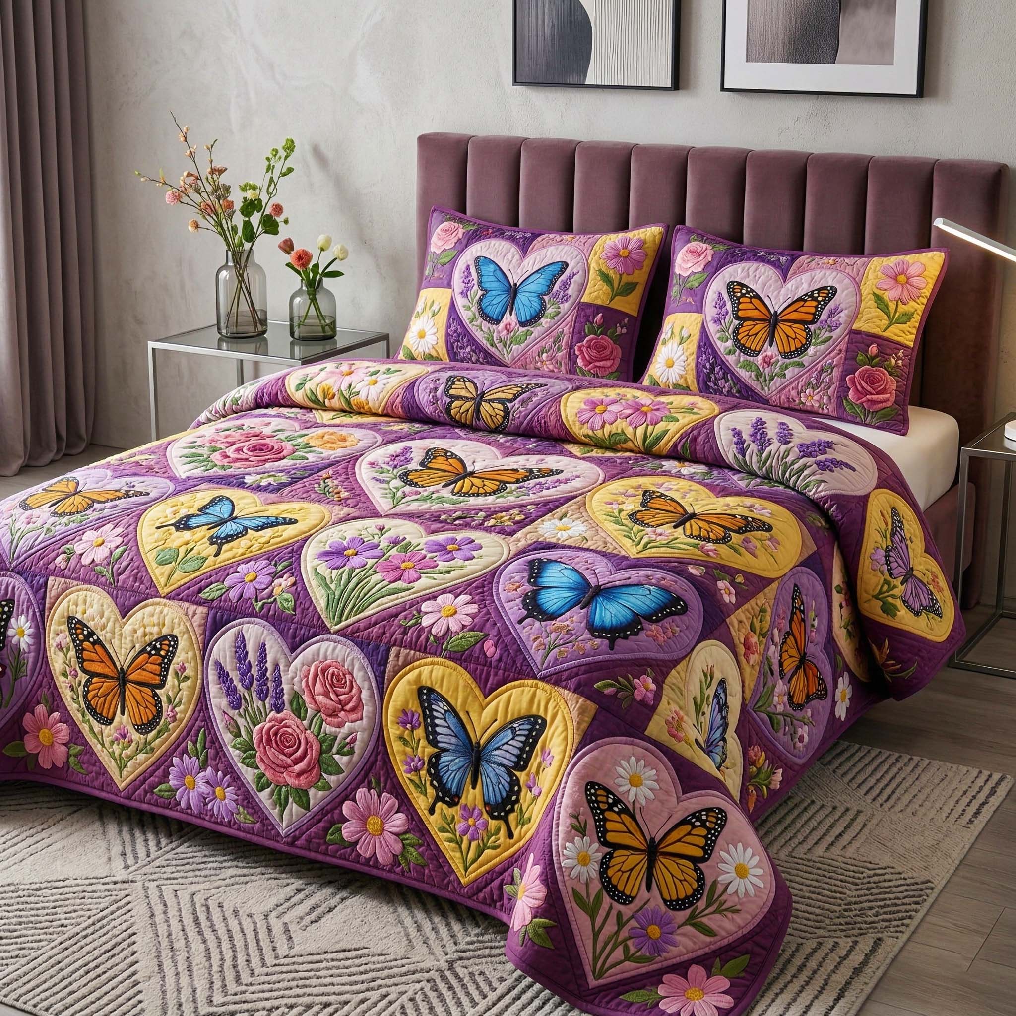 Butterfly Heart 3-Piece Quilted Bedding Set GFTOQM3920