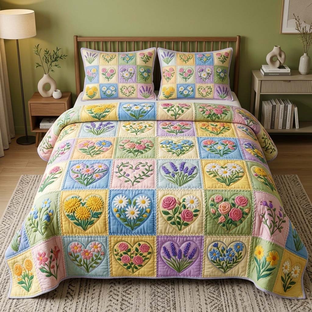 Spring Heart 3-Piece Quilted Bedding Set GFTOQM3921