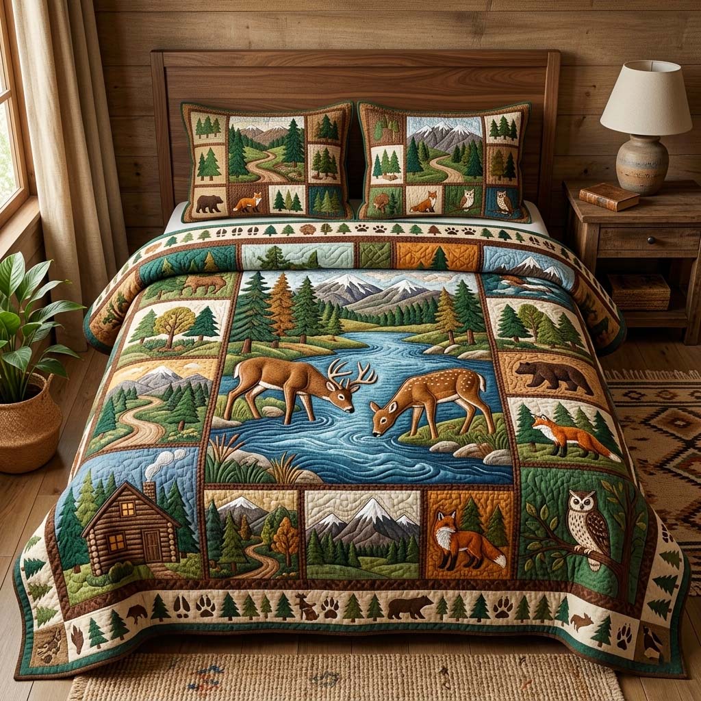 River Deer 3-Piece Quilted Bedding Set GFTOQM3953