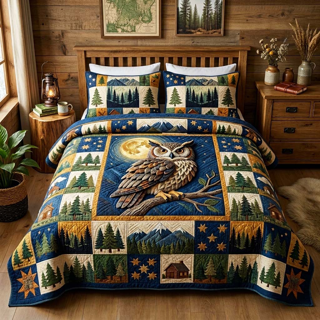 Moonlight Owl 3-Piece Quilted Bedding Set GFTOQM3959