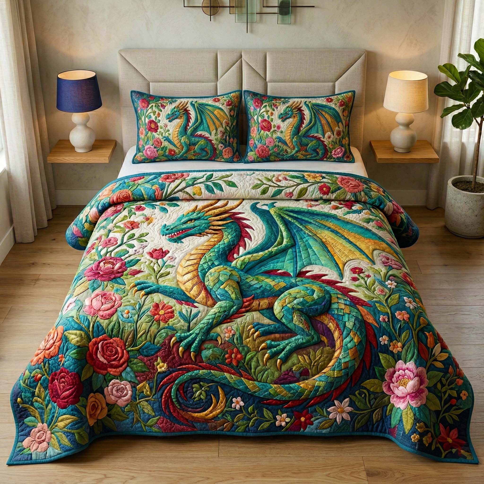 Emerald Dragon 3-Piece Quilted Bedding Set GFTOQM4001