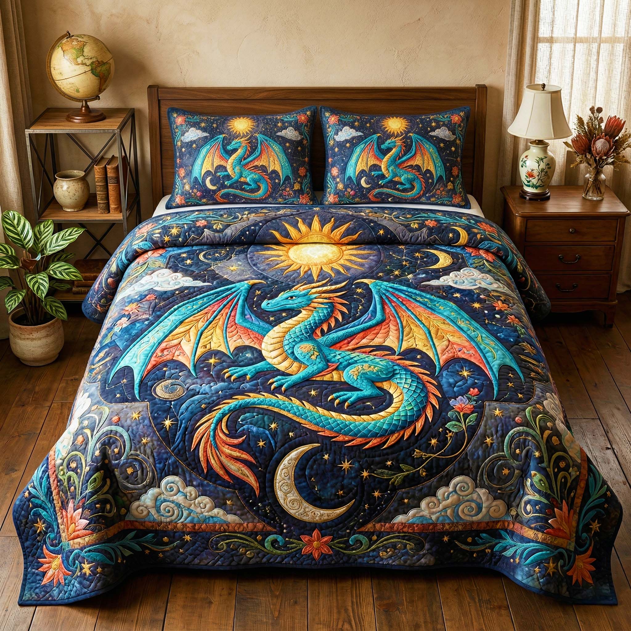 Sun Moon Dragon 3-Piece Quilted Bedding Set GFTOQM4005