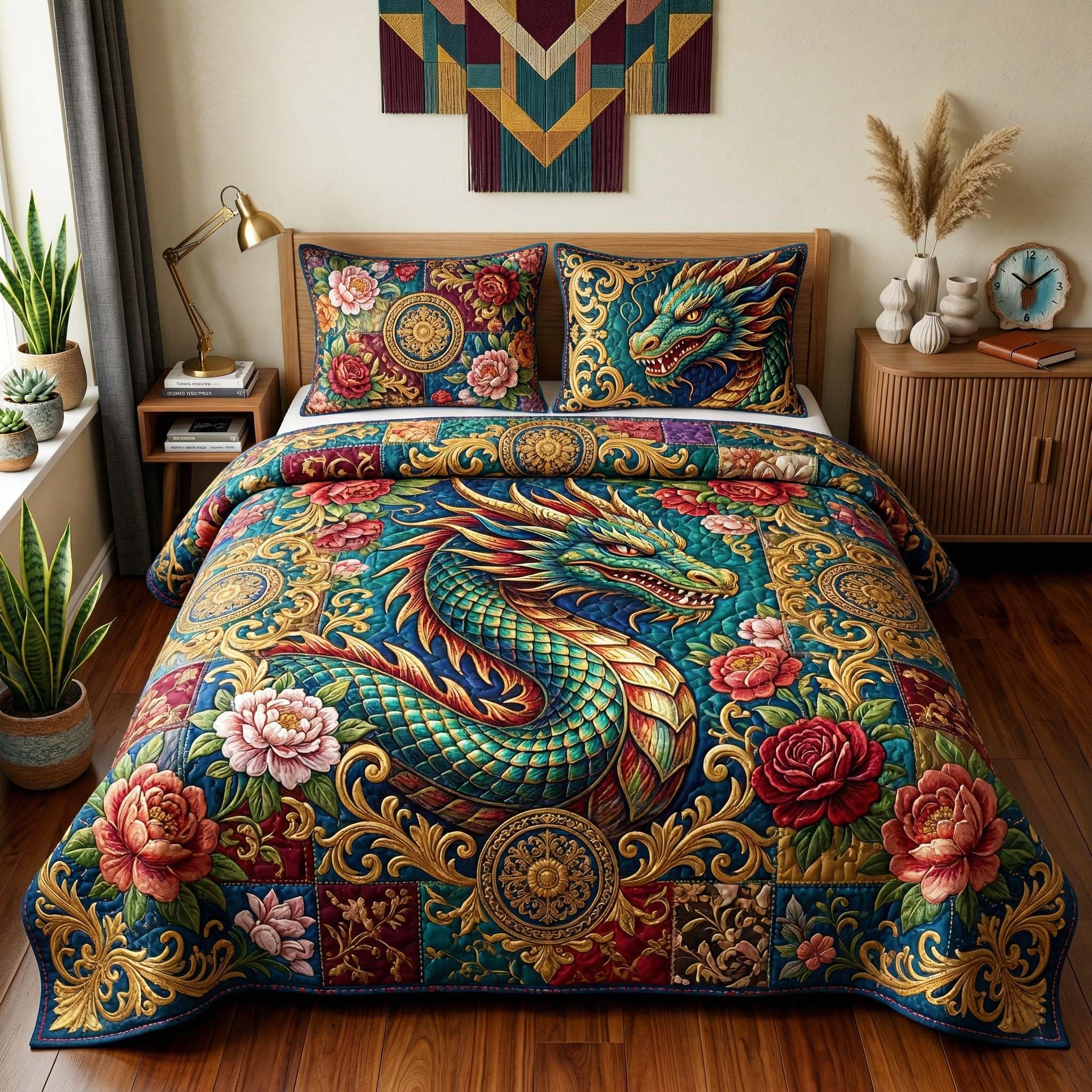 Floral Dragon 3-Piece Quilted Bedding Set GFTOQM4006