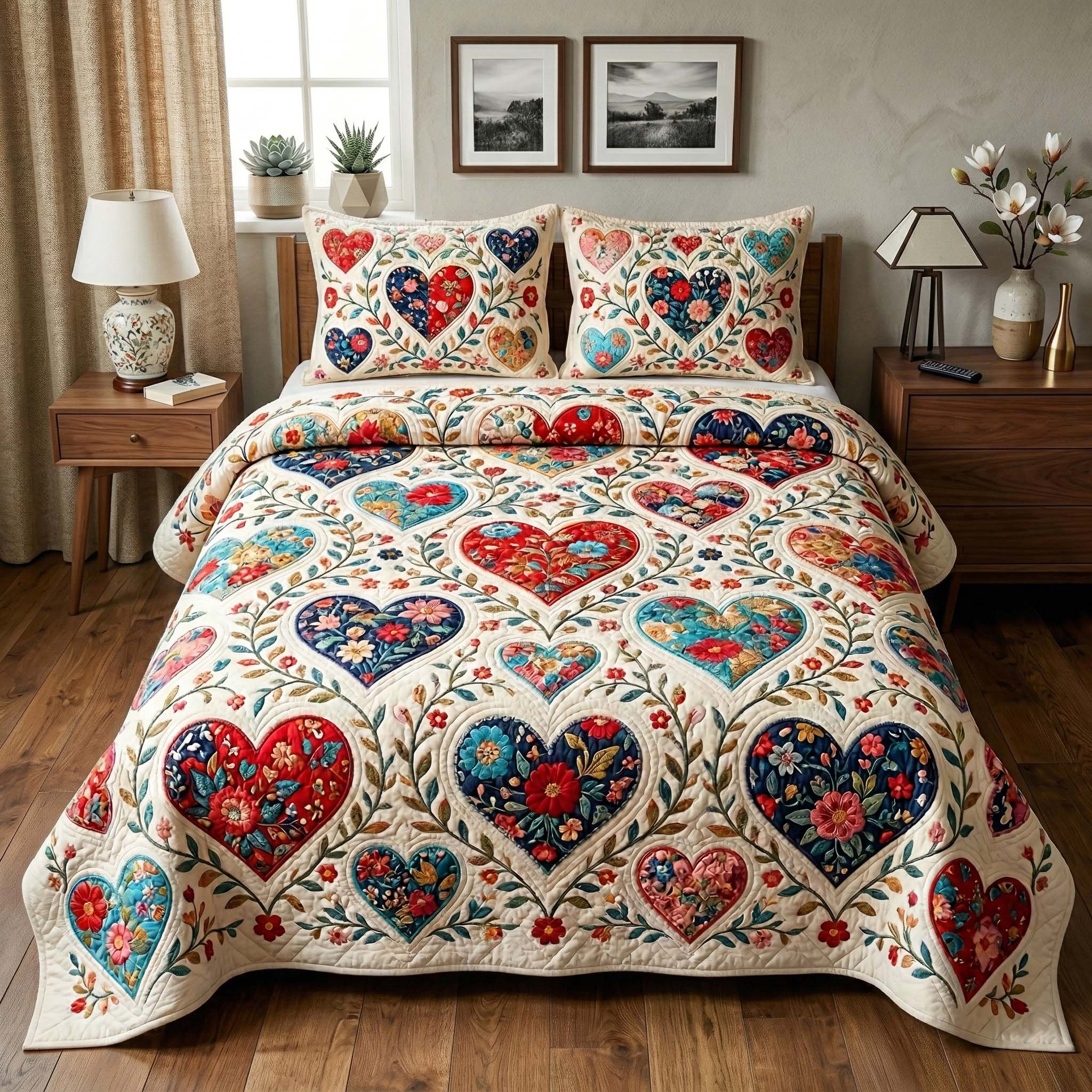 Patchwork Heart 3-Piece Quilted Bedding Set GFTOQM4009