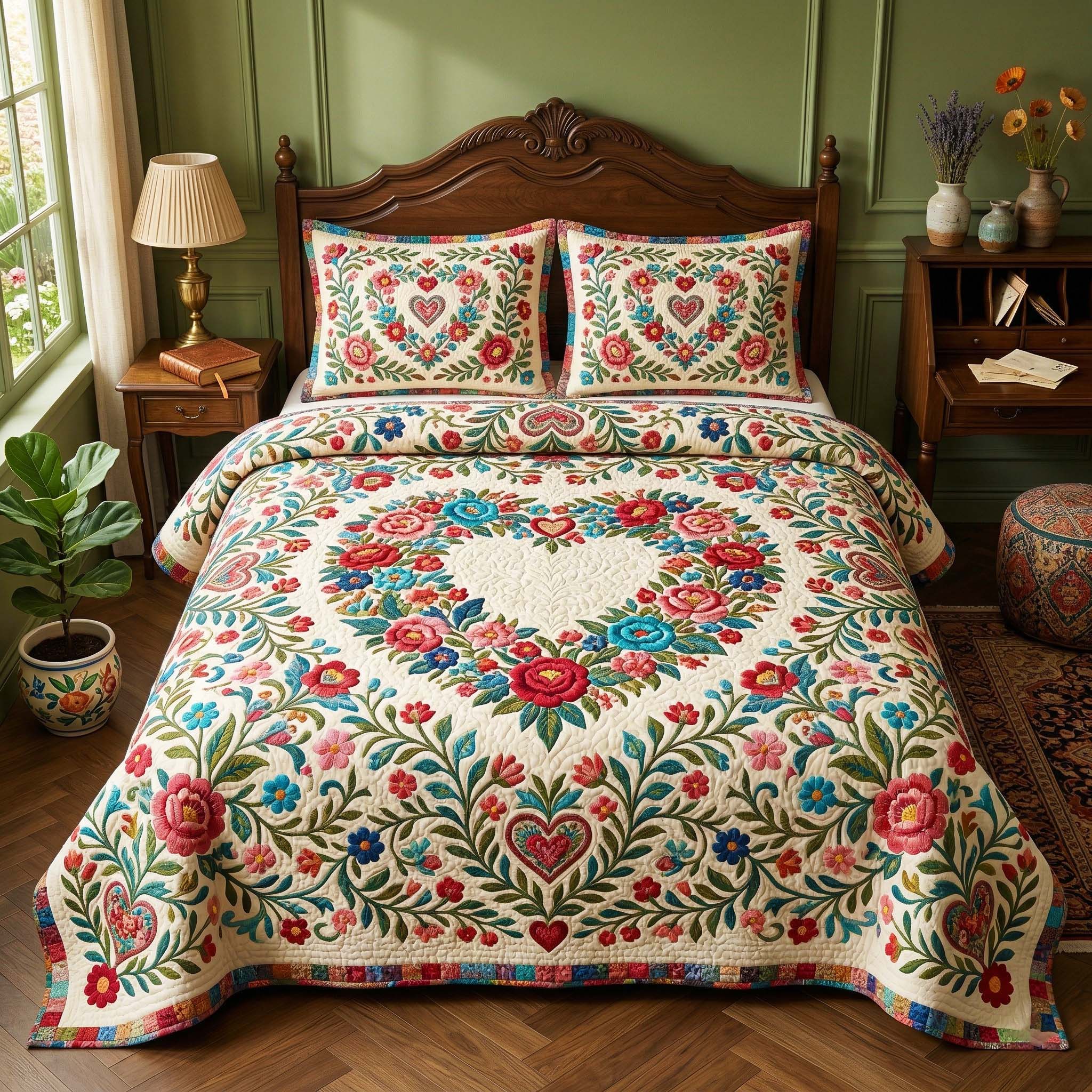 Vintage Heart 3-Piece Quilted Bedding Set GFTOQM4014