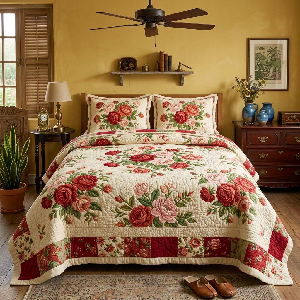 Cottage Rose 3-Piece Quilted Bedding Set GFTOQM4072