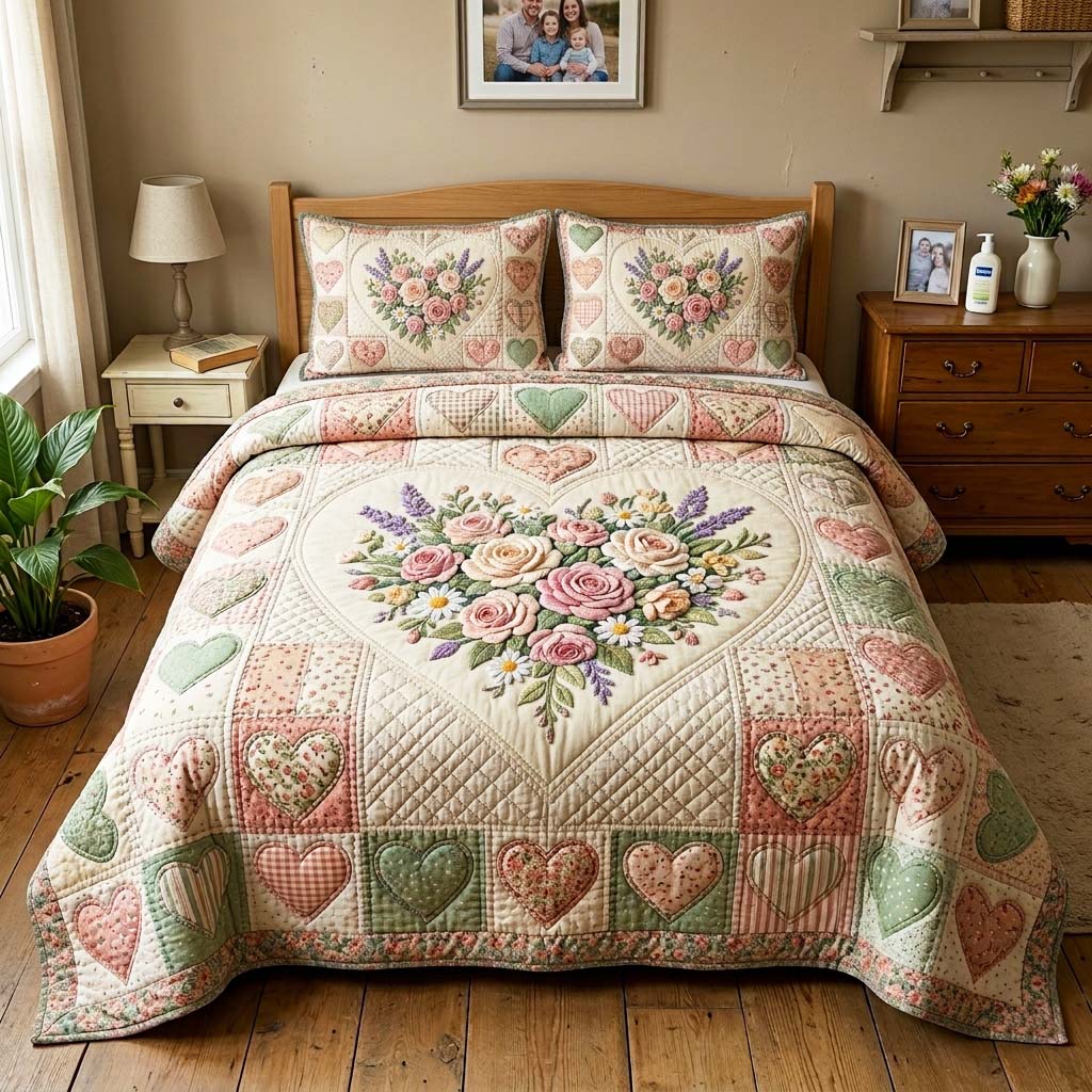 Vintage Blossom 3-Piece Quilted Bedding Set GFTOQM4180
