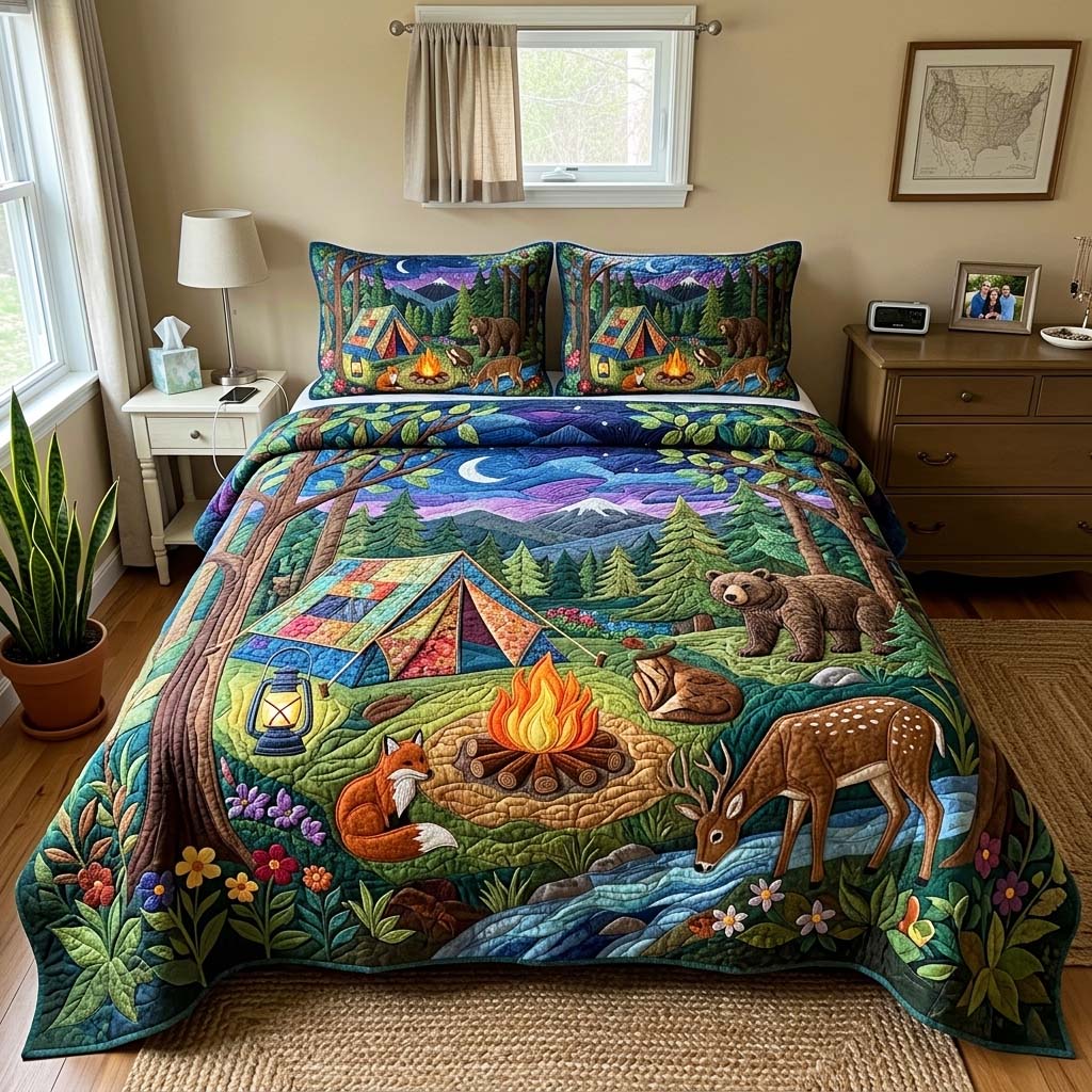 Night Forest Camp 3-Piece Quilted Bedding Set GFTOQM4320