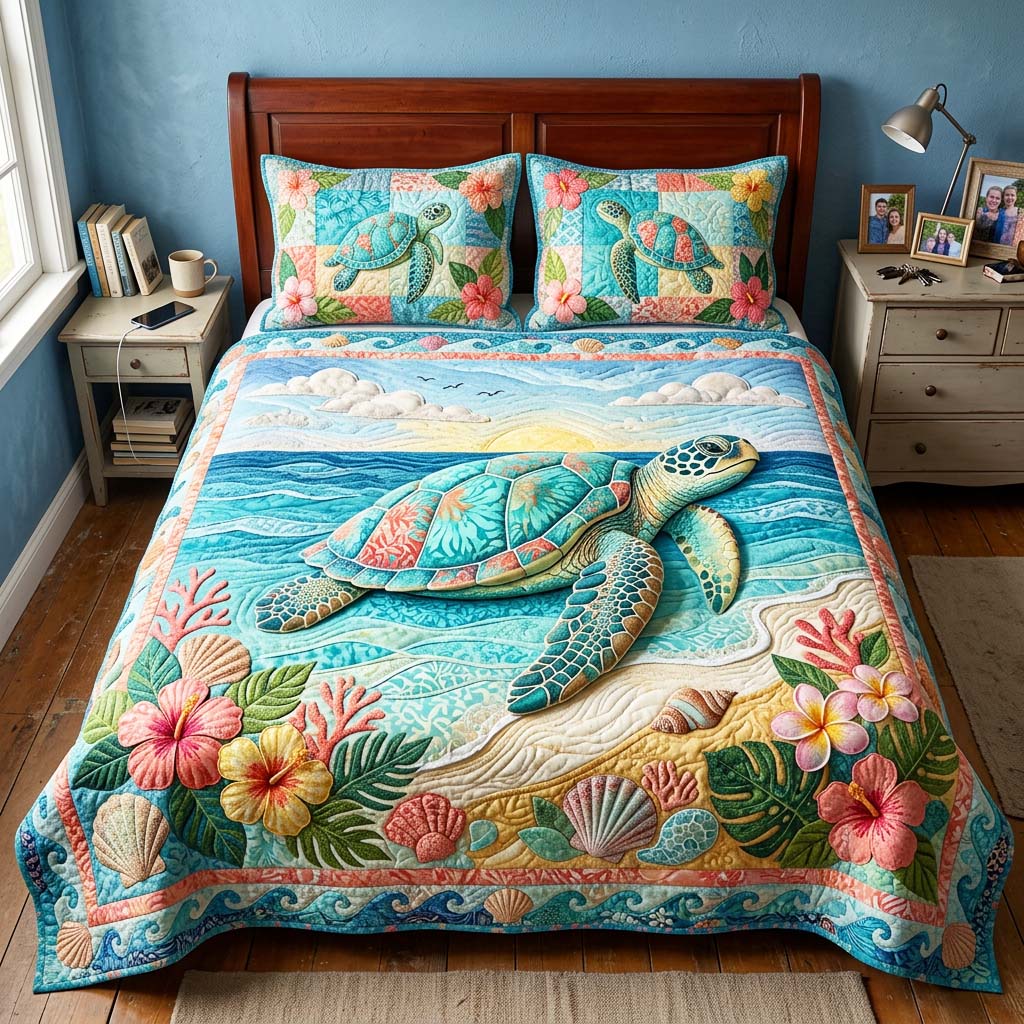 Ocean Turtle 3-Piece Quilted Bedding Set GFTOQM4472