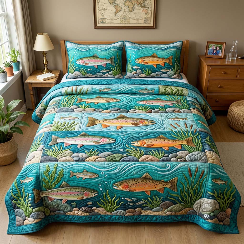 River Trout 3-Piece Quilted Bedding Set GFTOQM4567