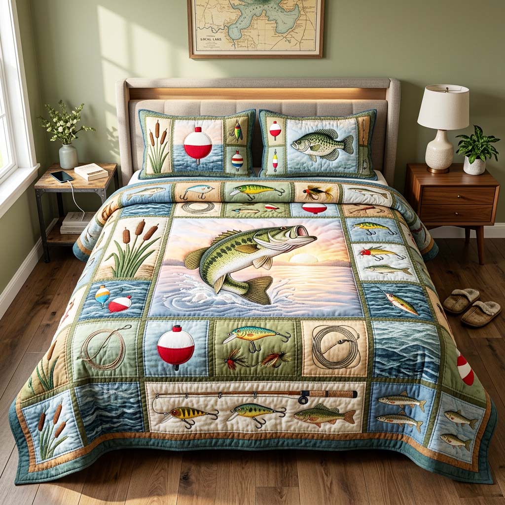 Bass Fishing 3-Piece Quilted Bedding Set GFTOQM4686