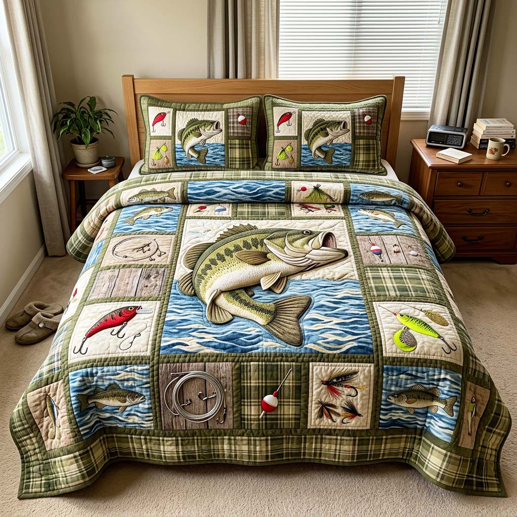Plaid Bass Fishing 3-Piece Quilted Bedding Set GFTOQM4692