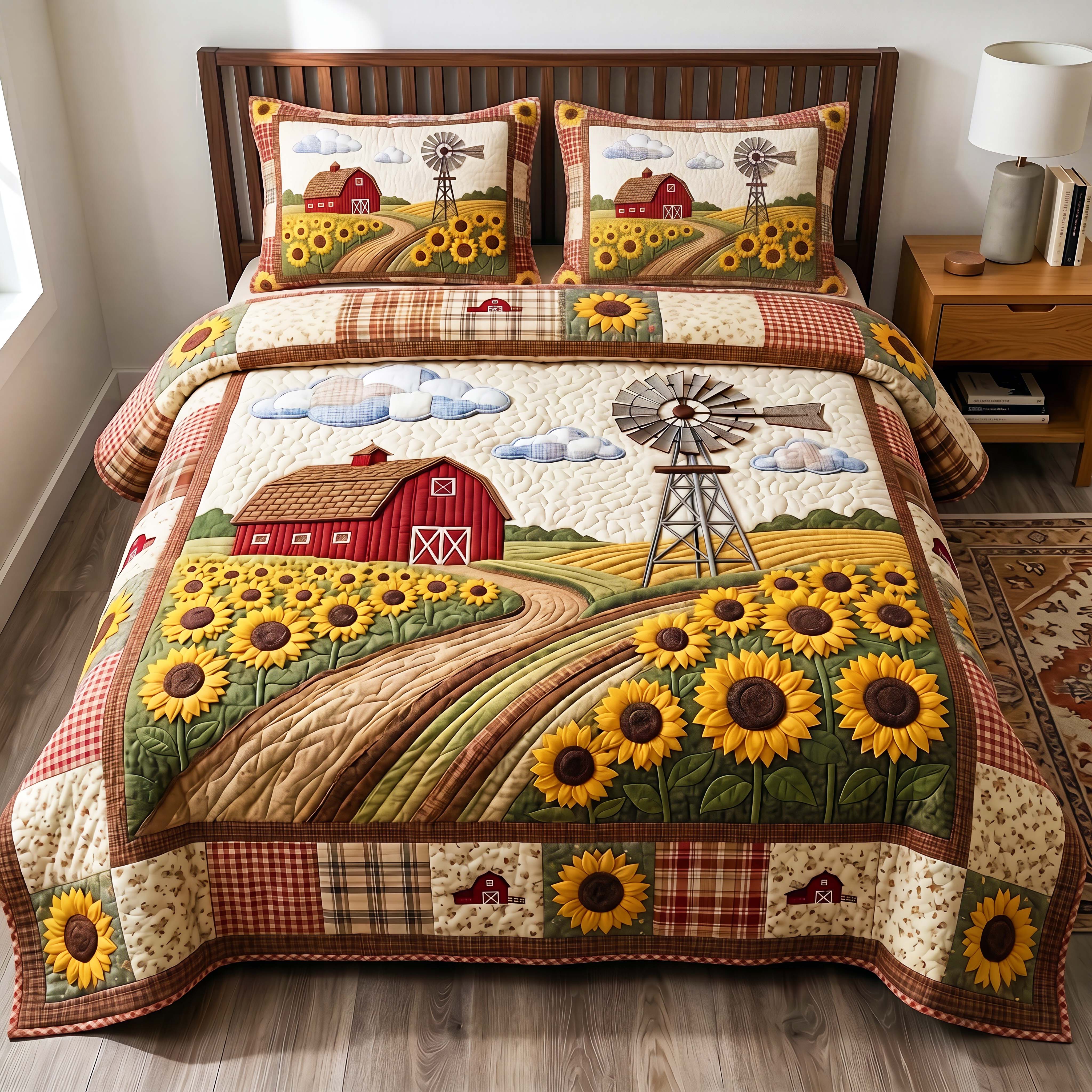Sunflower Windmill 3-Piece Quilted Bedding Set GFTOQM4872