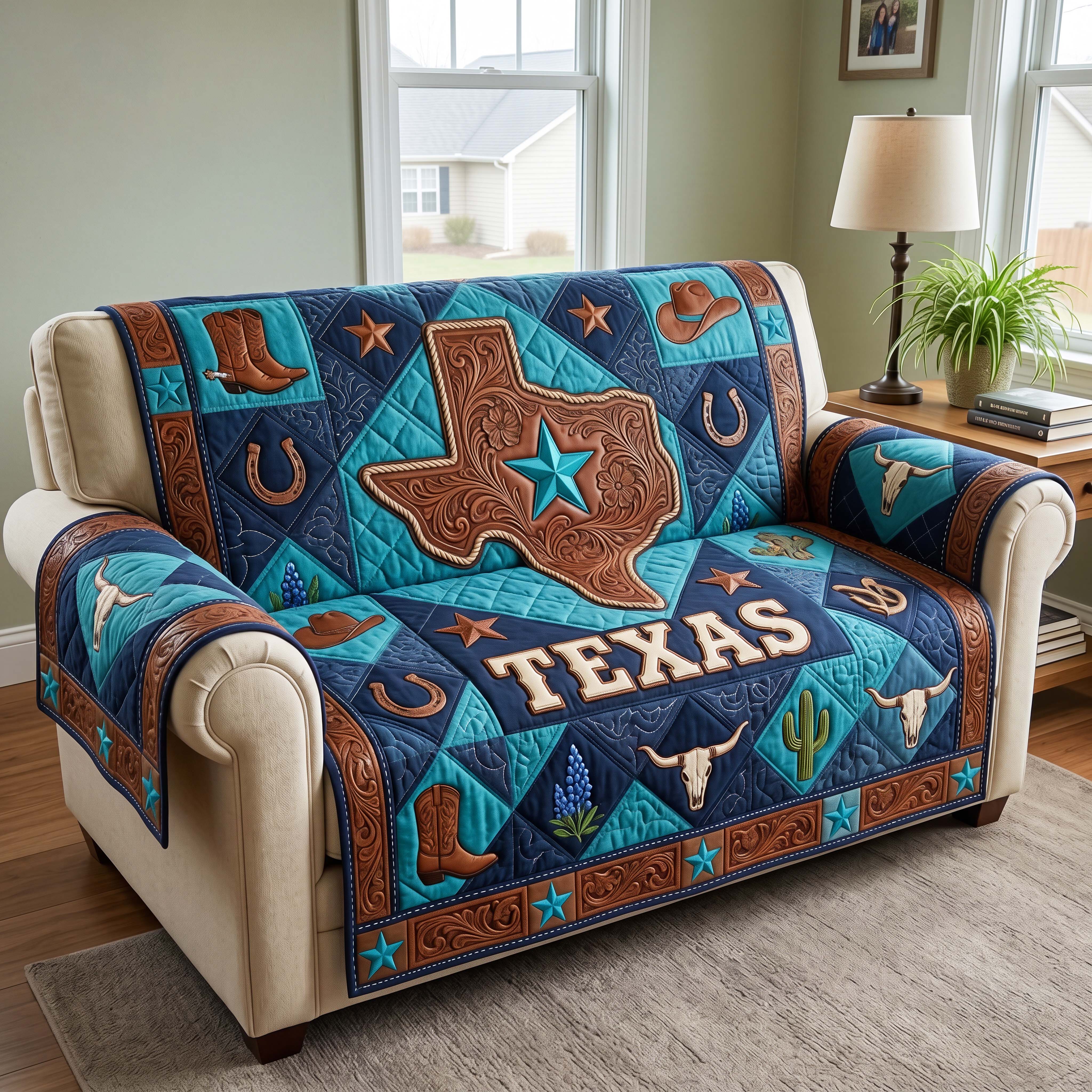 Turquoise Texas Quilted Sofa Cover GFTOQM4879