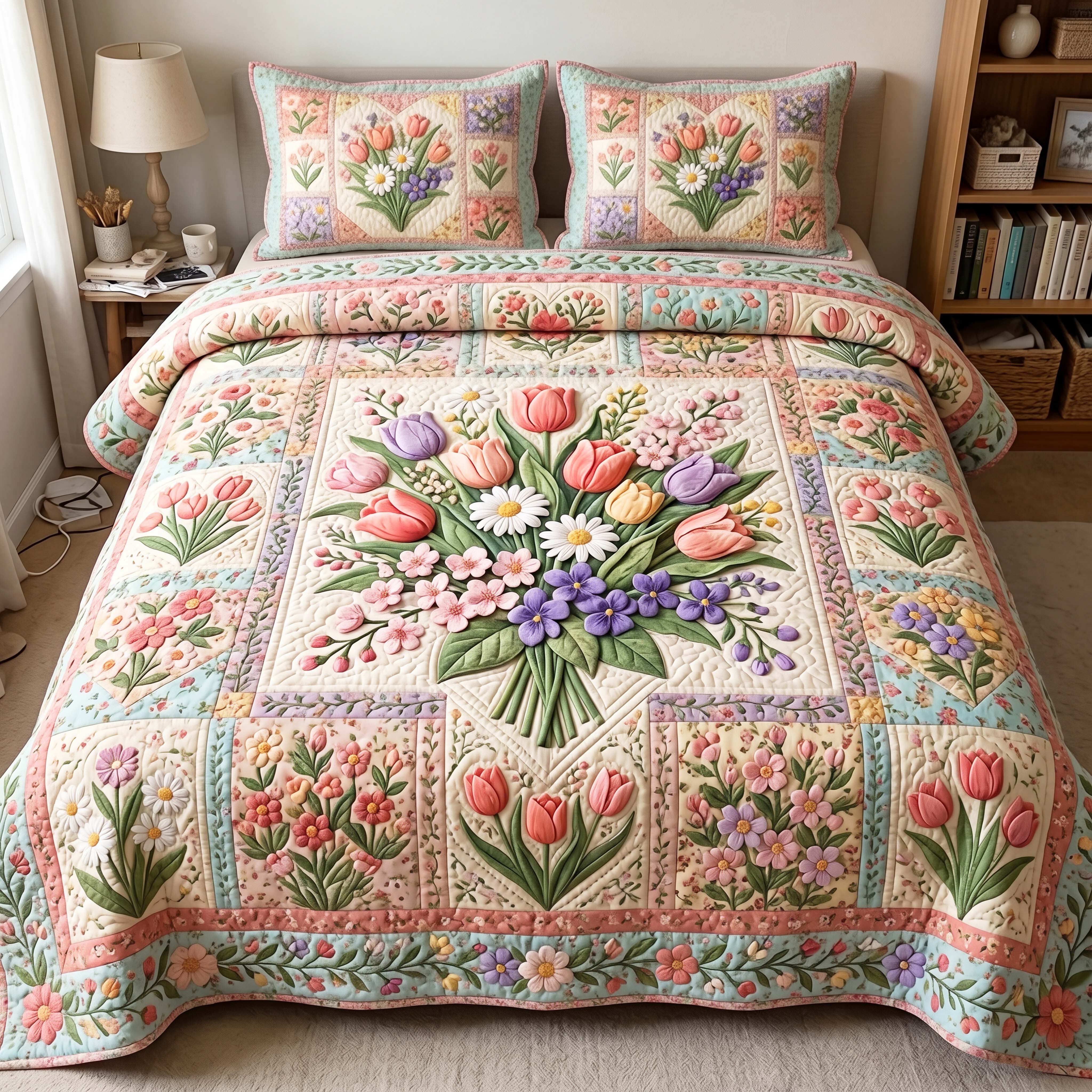 Tulip Bouquet 3-Piece Quilted Bedding Set GFTOQM4904