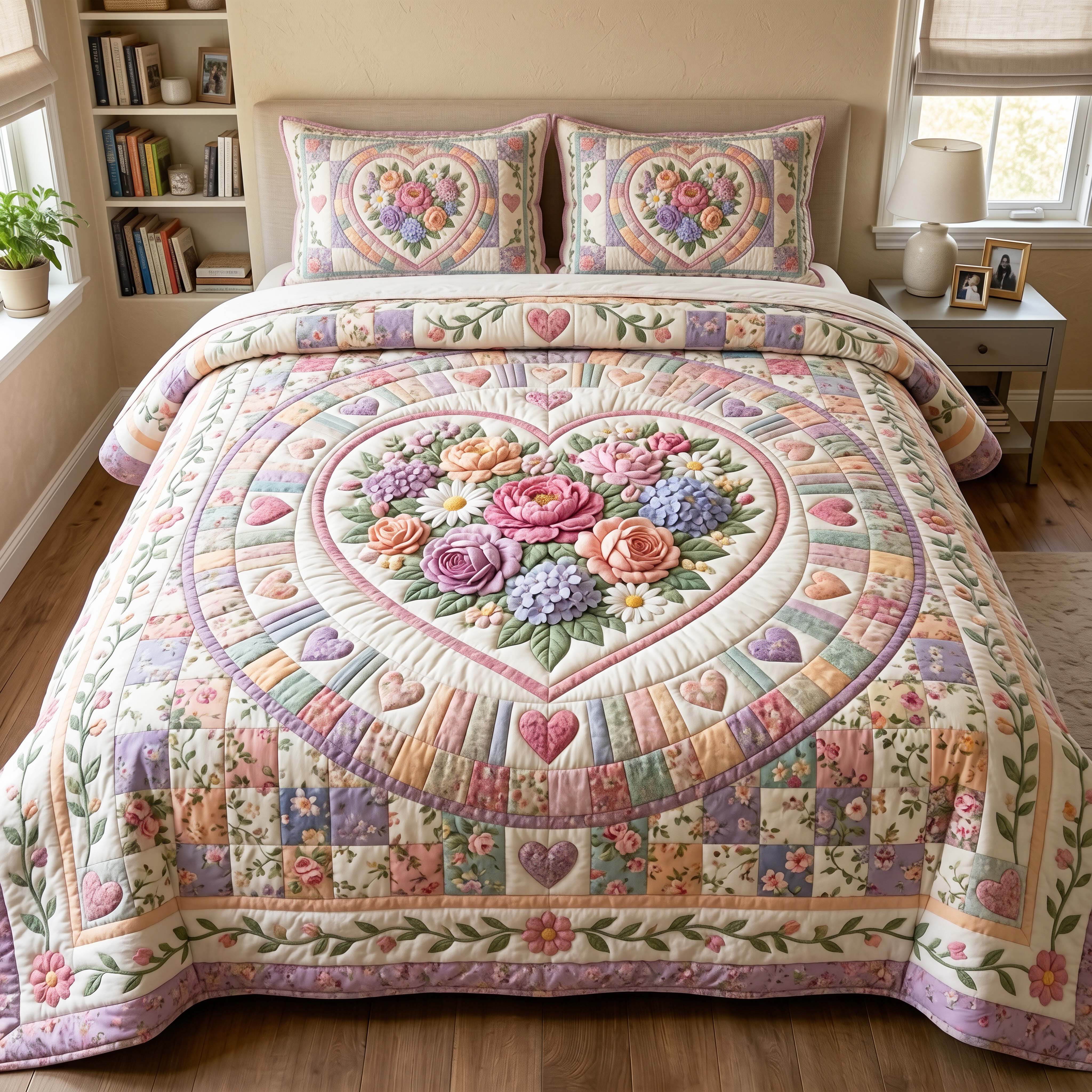 Floral Heart 3-Piece Quilted Bedding Set GFTOQM4905