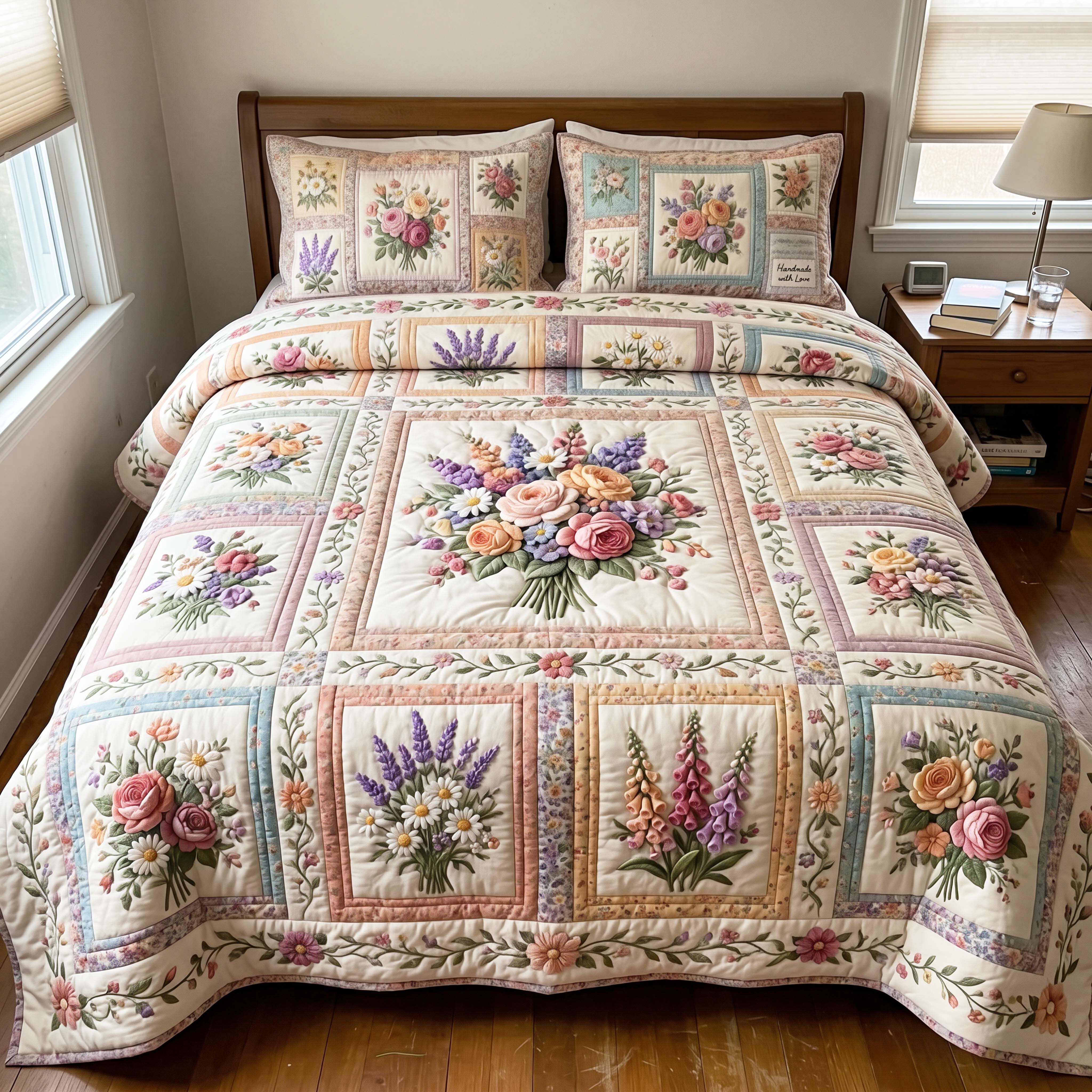 Handmade Blossom 3-Piece Quilted Bedding Set GFTOQM4908