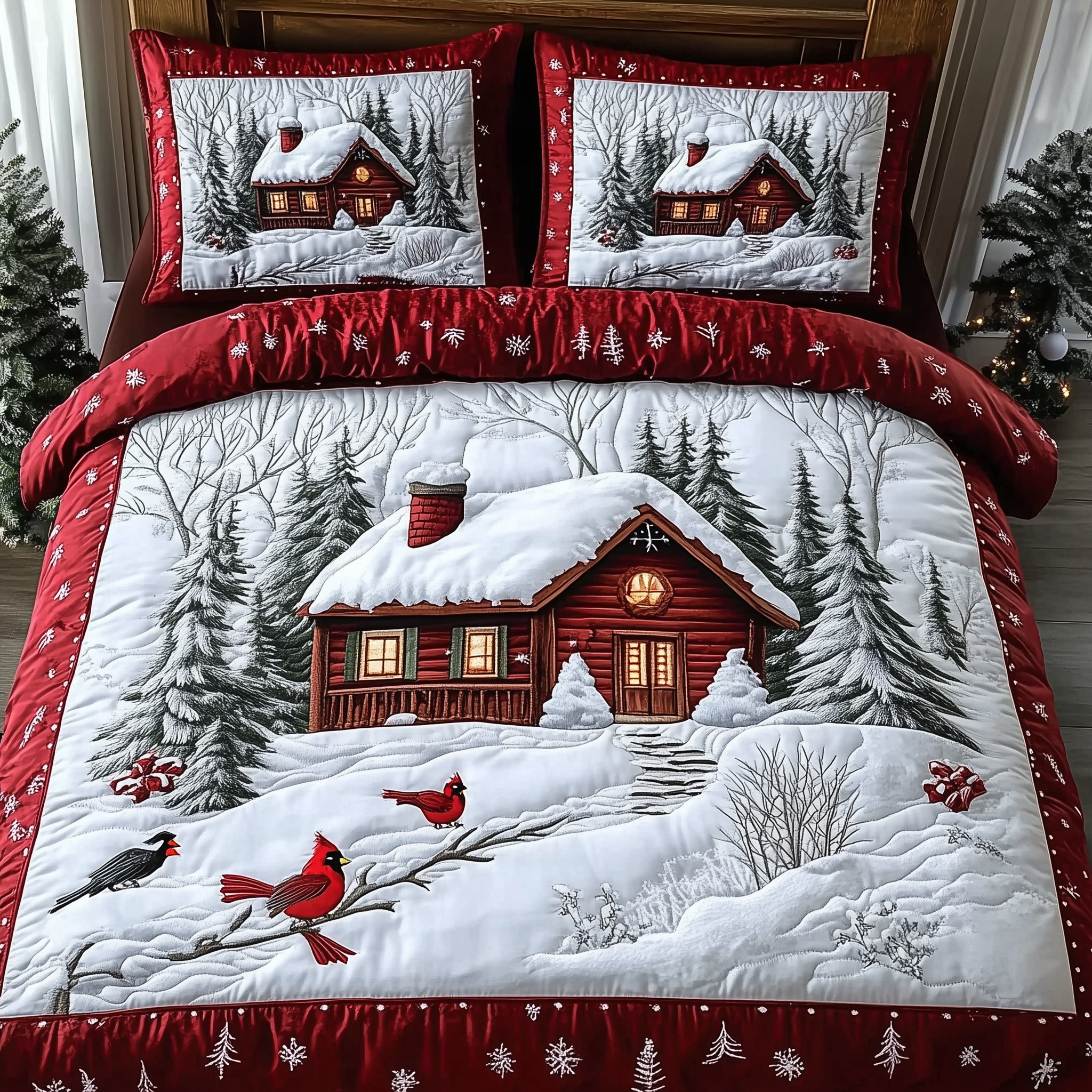 Peaceful Winter Cabin  3-Piece Quilted Bedding Set GFTOTL1391