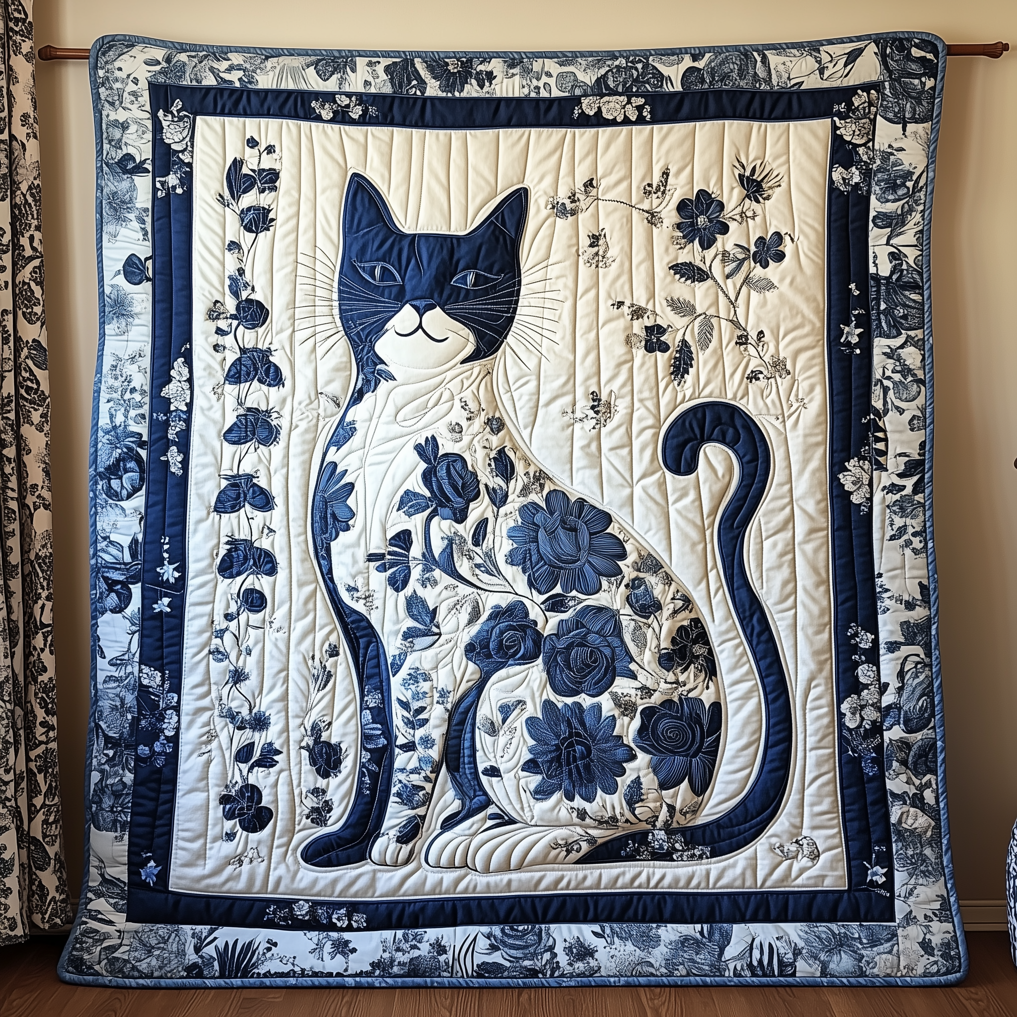 Floral Blue Cat Quilted Blanket GFTOTL1723