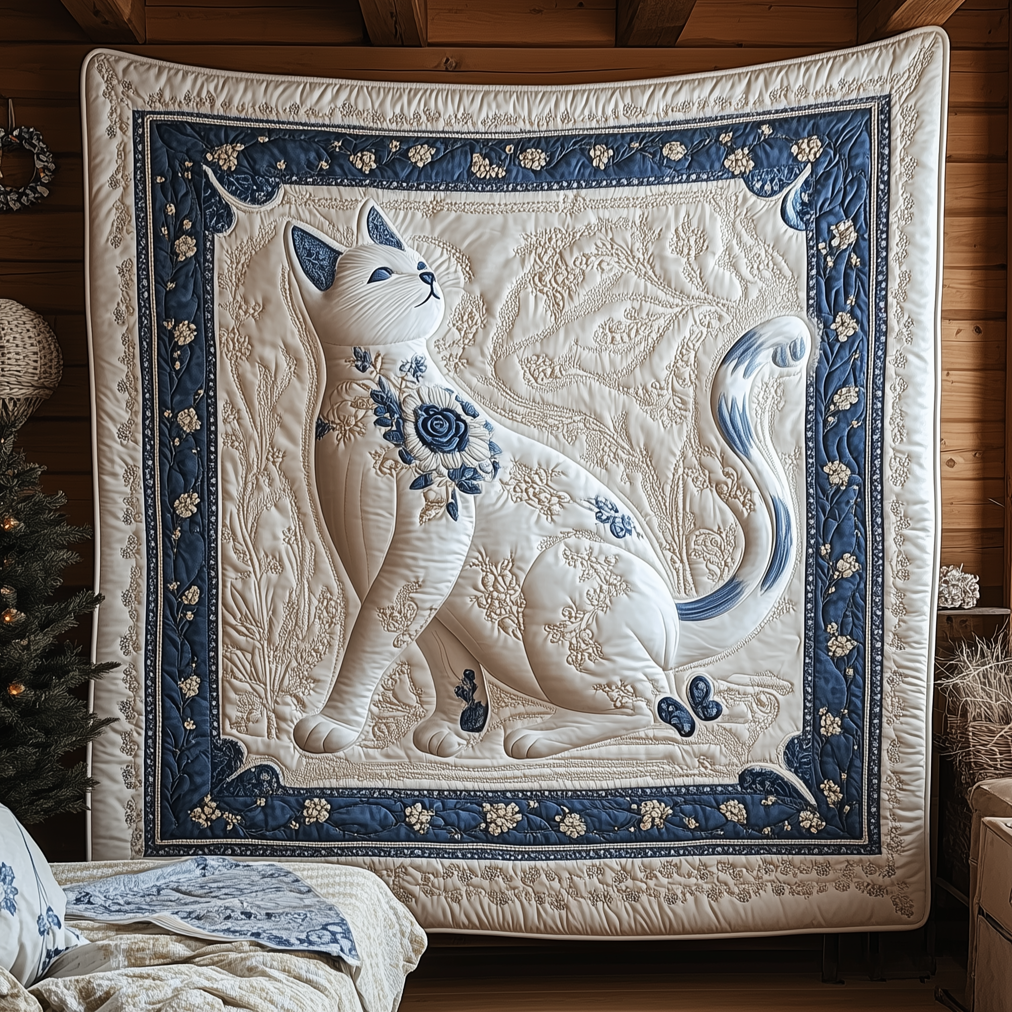 Floral Blue Cat Quilted Blanket GFTOTL1728