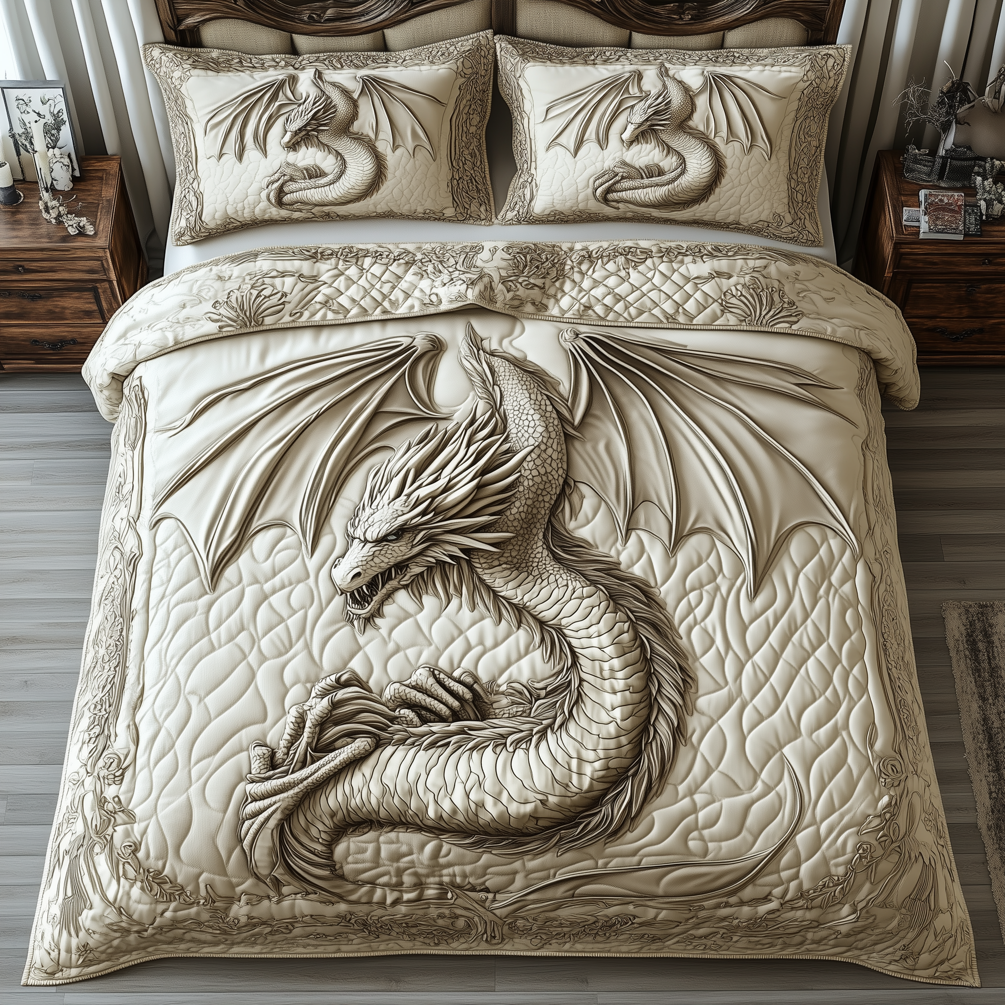 Magnificent White Dragon 3-Piece Quilted Bedding Set GFTOTL1992